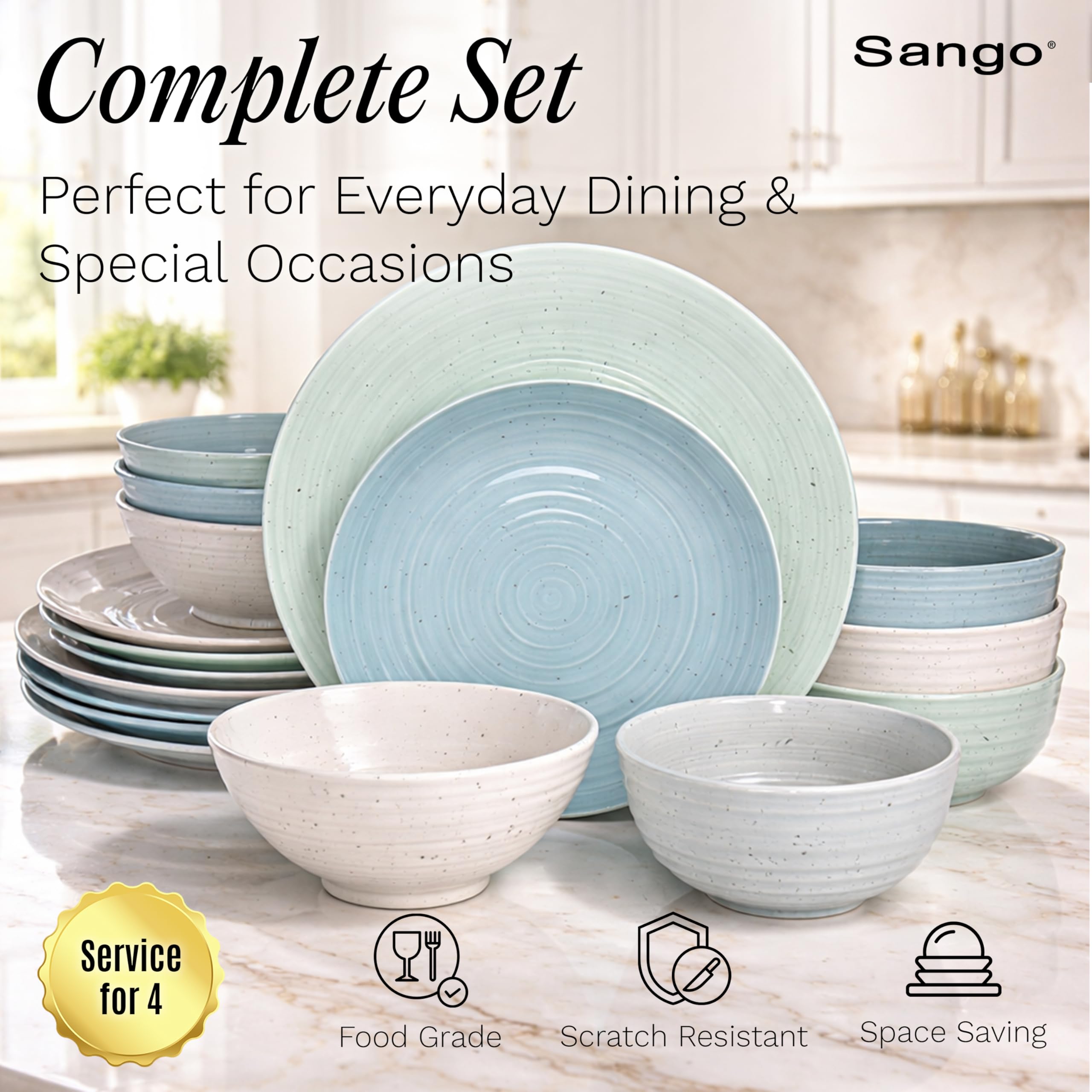 Sango Siterra Painter's Palette 16-Piece Stoneware Dinnerware Set - Service for 4, Ceramic Plates and Bowls Sets, Chip Resistant, Rustic Dishware, Microwave & Dishwasher Safe Kitchen Dishes