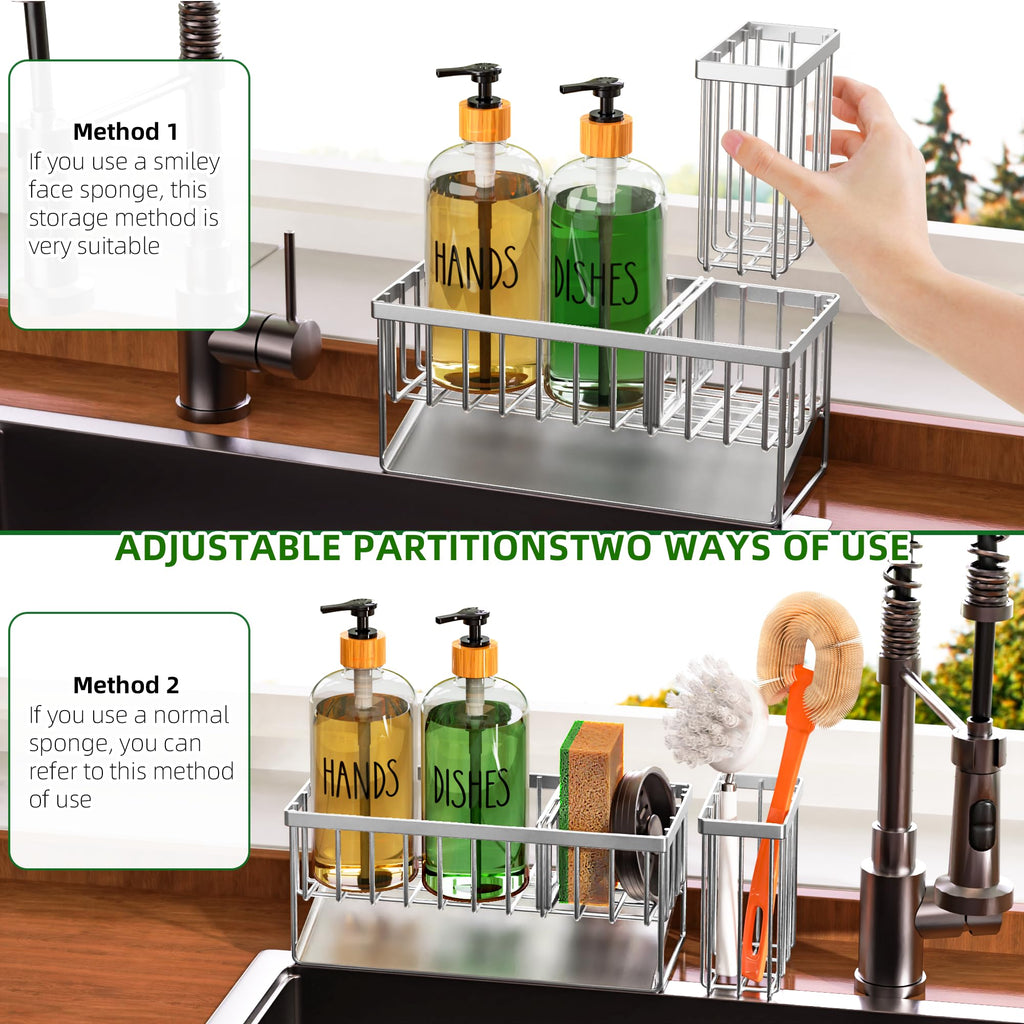 Cisily Kitchen Dish Soap Dispenser Set with 2 Pack 16.9oz Amber Glass Bottle and Sponge Holder, Dish Soap Dispensers with Adjustable Sponge Holder, Vintage Hand and Dish Soap Dispensers Set