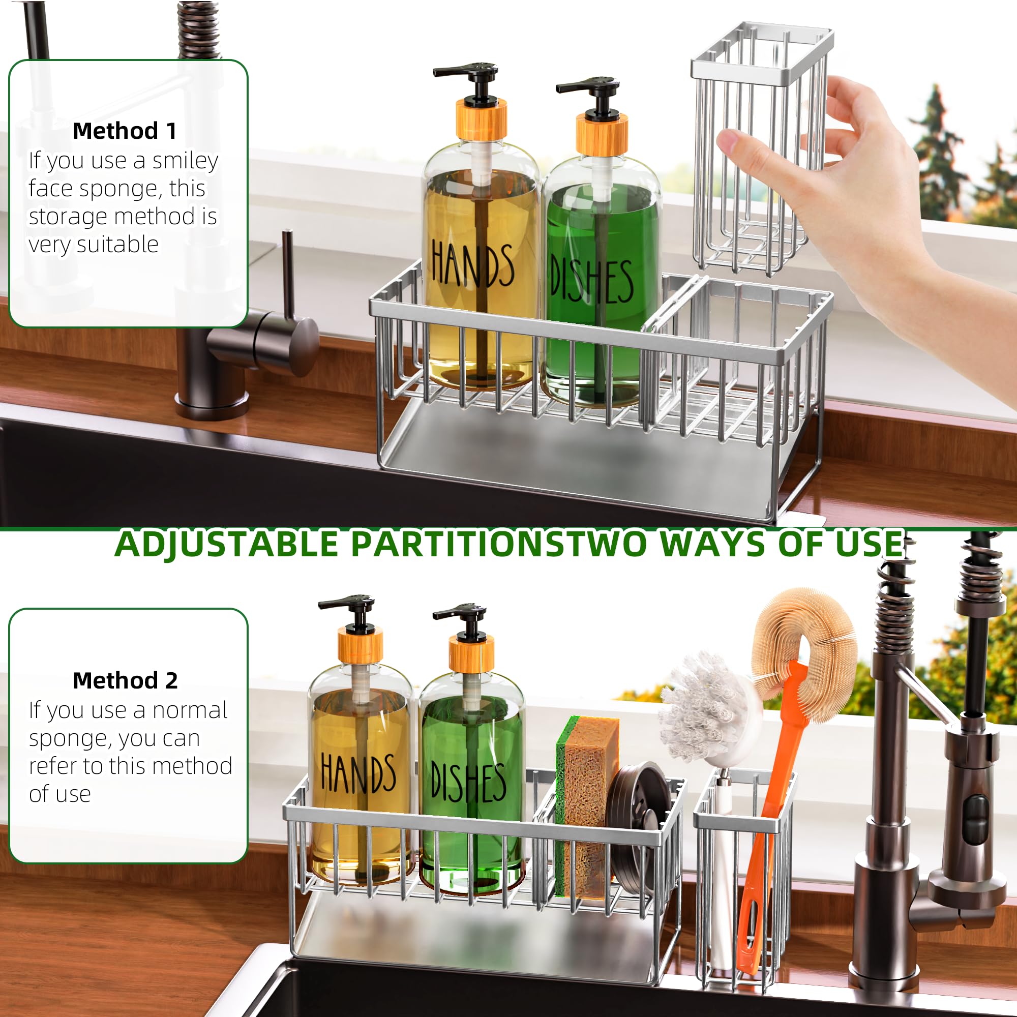 Cisily Kitchen Dish Soap Dispenser Set with 2 Pack 16.9oz Amber Glass Bottle and Sponge Holder, Dish Soap Dispensers with Adjustable Sponge Holder, Vintage Hand and Dish Soap Dispensers Set