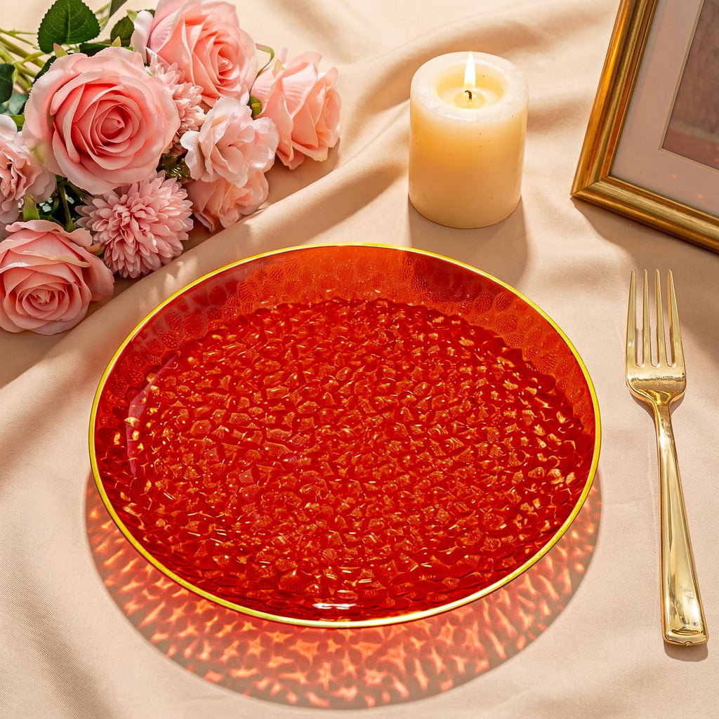 DaYammi 240Pcs Gold Plastic Plates Including 120Pcs Dessert Plates and 120Pcs Cake Forks,Hammered Party Plate,Clear Gold Appetizer plates Heavy duty Disposable Plastic Plate for Party Wedding Birthday