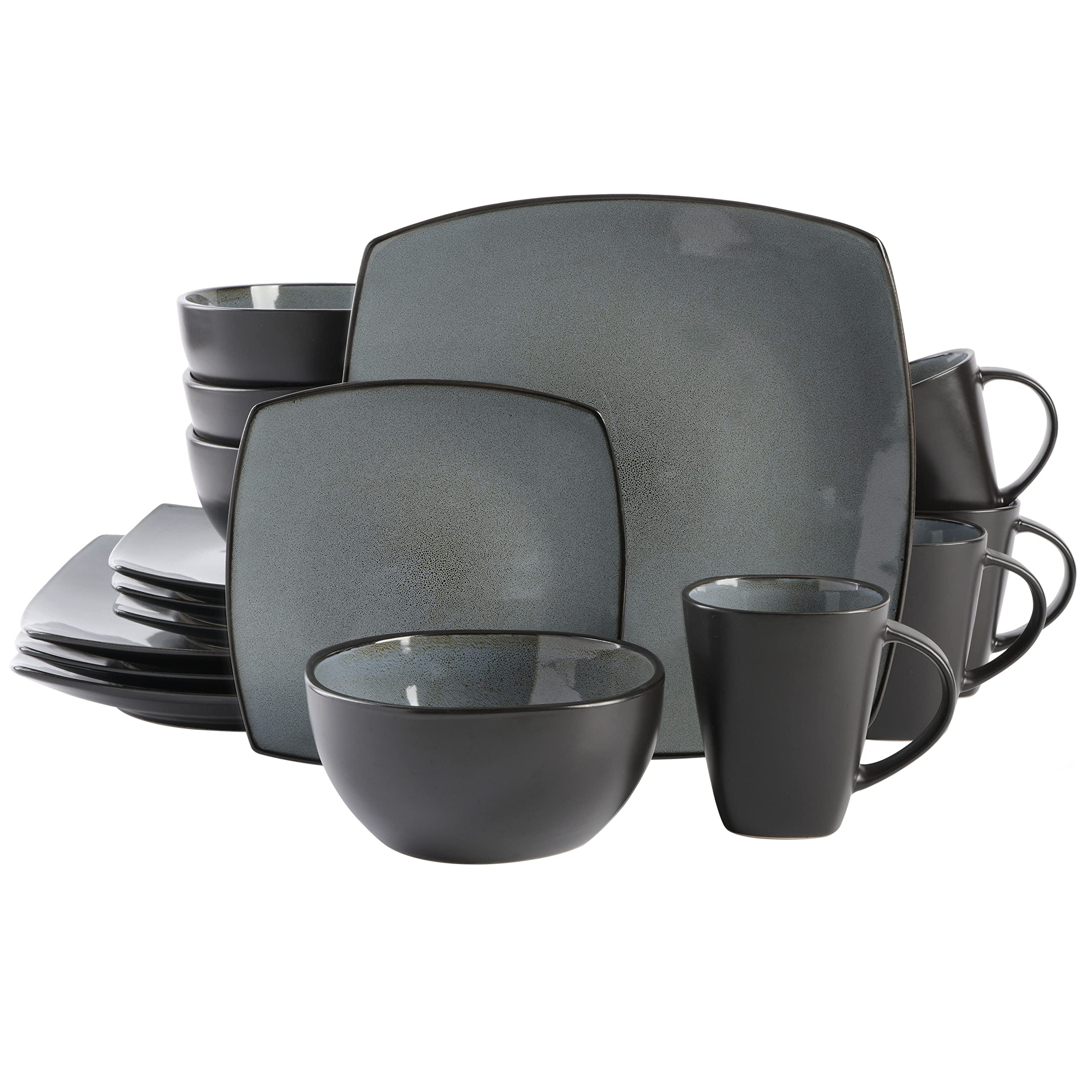 Gibson Elite Soho Lounge Square 16-Piece Dinnerware Set, Service for 4, Reactive Glaze Stoneware Plates and Bowls, Modern Dishes, Microwave & Dishwasher Safe – Red and Black