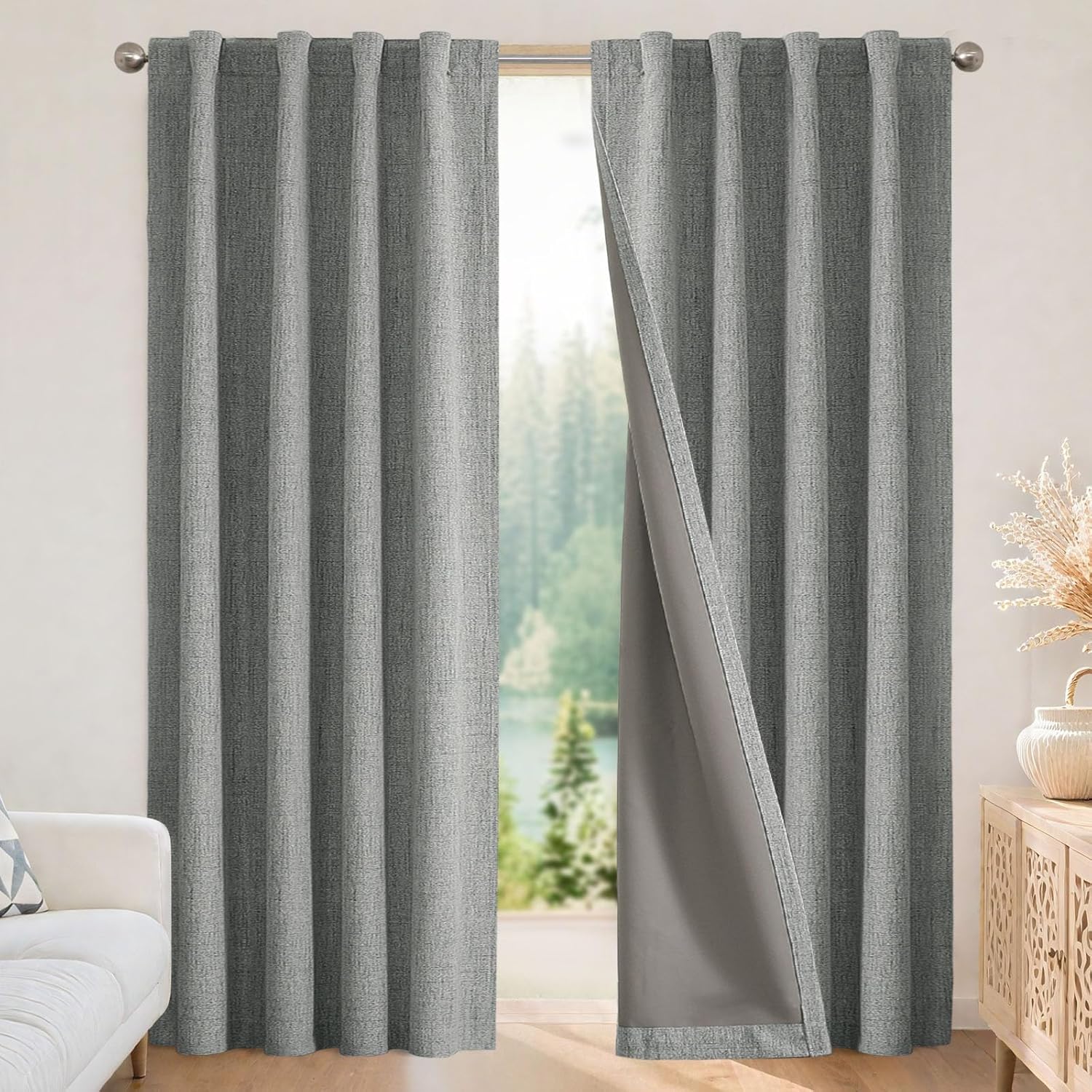 Joydeco Blackout Curtains for Bedroom - Nature Linen 84 Inch Long 100% Light Blocking 2 Panels Set, Rod Pocket & Back Tabs Living Room Drapes, Thermal Insulated Room Darkening Window Curtains