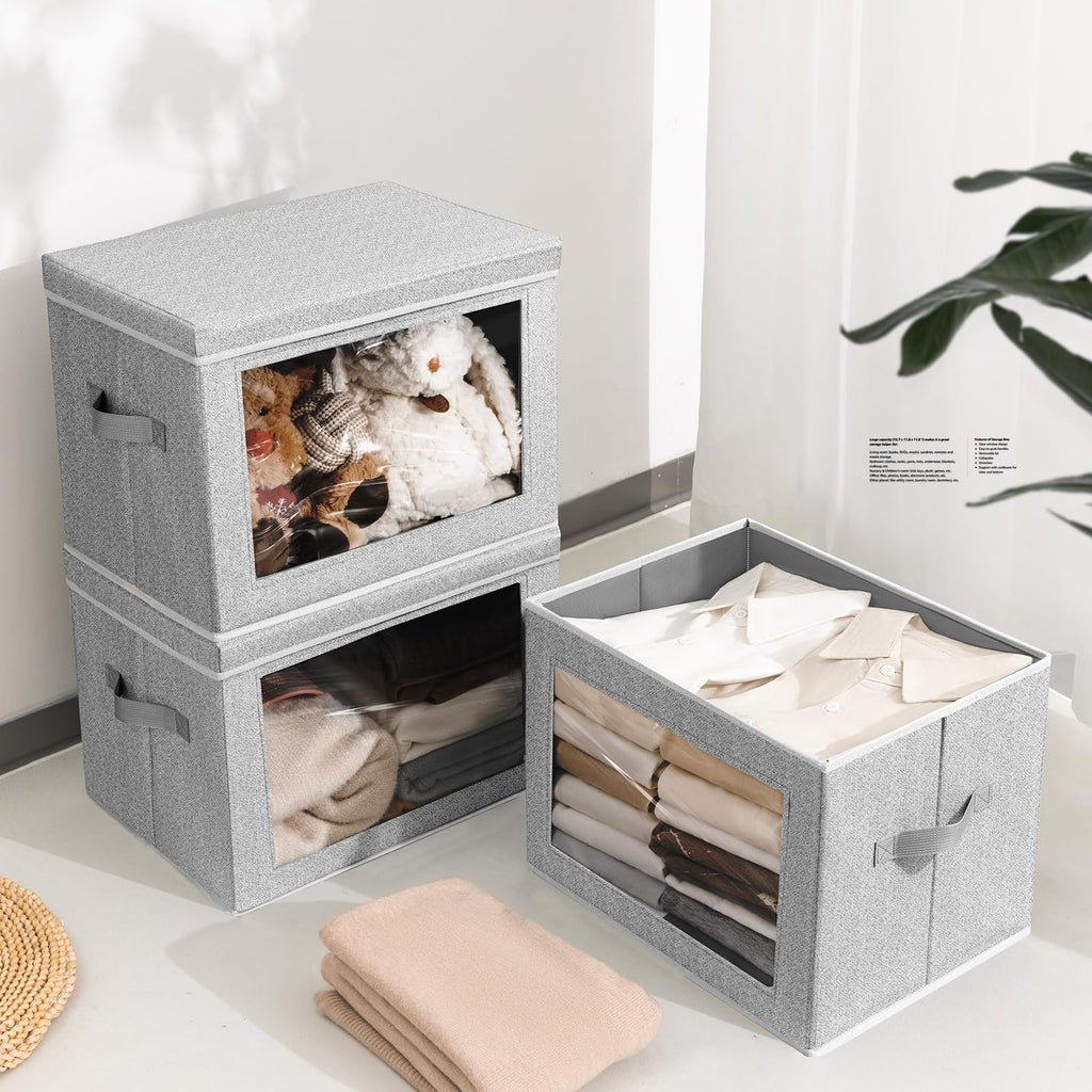 Homsorout Storage Bins with Lids - Fabric Storage Boxe with Window, Collapsible Closet Organizers with Handles, 3 Pack Decorative Bin, Home Cubes Baskets for Clothes, Hat, Books, Dark Grey