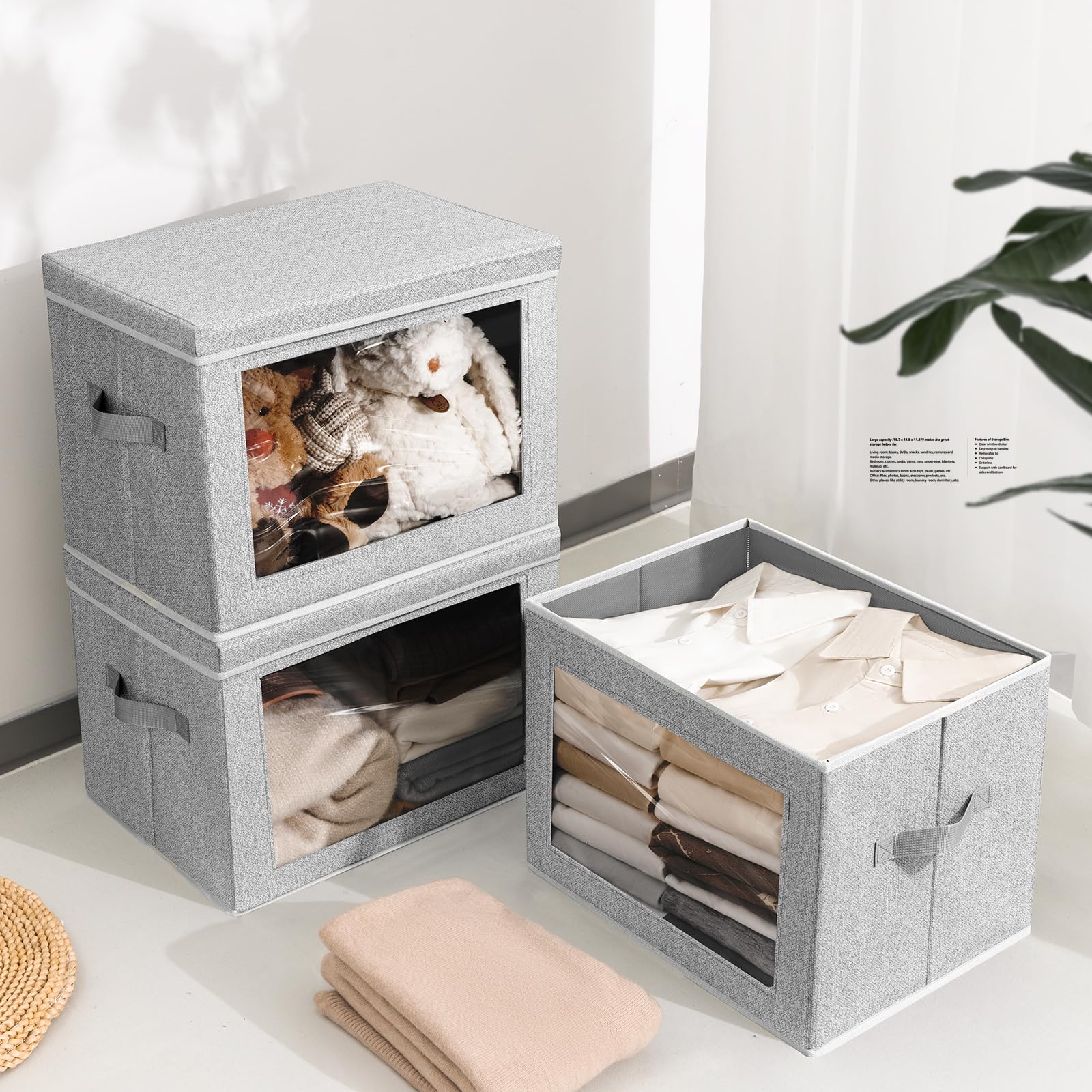 Homsorout Storage Bins with Lids - Fabric Storage Boxe with Window, Collapsible Closet Organizers with Handles, 3 Pack Decorative Bin, Home Cubes Baskets for Clothes, Hat, Books, Dark Grey