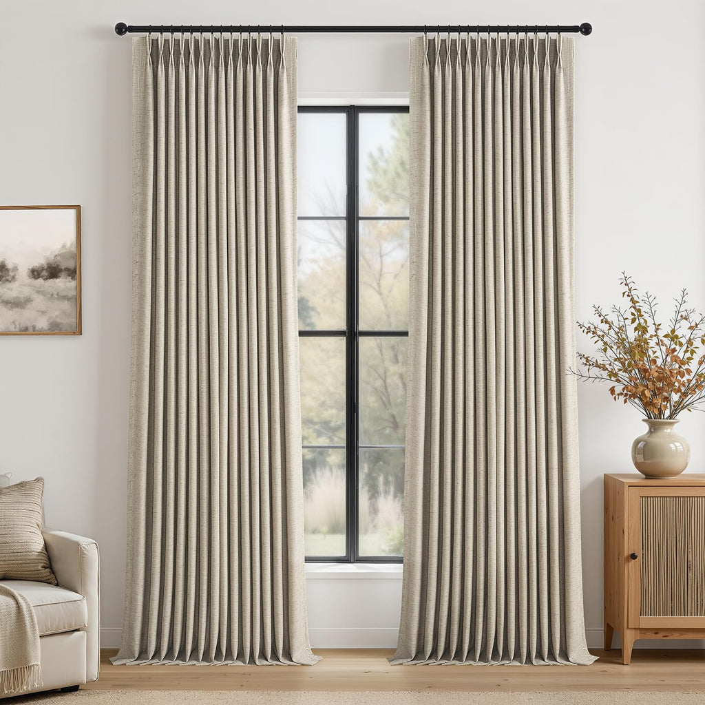 Topfinel 96 Inches Long Pinch Pleated 100% Blackout Curtains,Thermal Insulated Natural Linen Pinch Pleat Viral Drapes with Hooks Rings 2 Panel Sets,Neutral Beige Ivory 8FT Back Tab Window Curtains