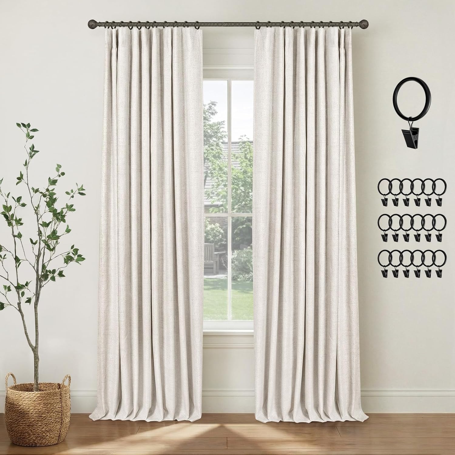 INOVADAY 100% Blackout Curtains for Bedroom, Black Out Curtains 84 Inch Long, Clip Rings Linen Blackout Drapes, Thermal Insulated Room Darkening for Living Room, 2 Panels - Beige,W50xL84
