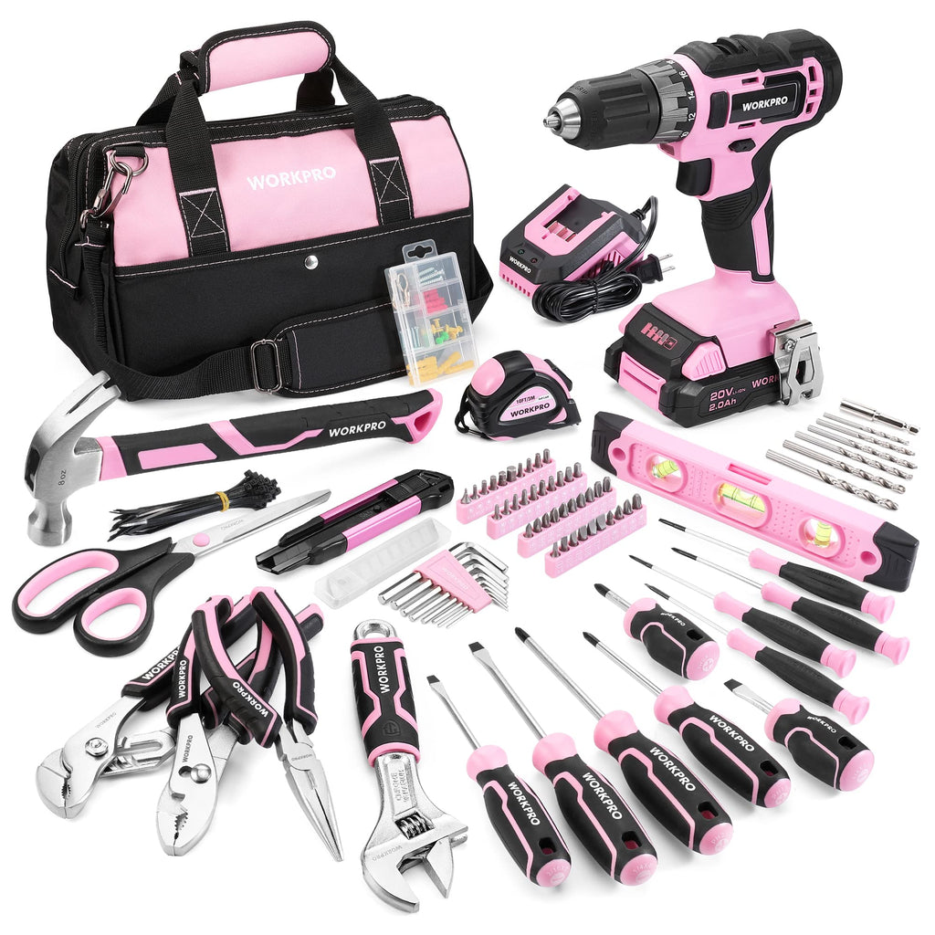 WORKPRO Home Tool Set with 20V Cordless Lithium-Ion Drill Driver, Household Repairing Tool Kit with Drill, 157PCS Power Drill Sets, 14-Inch Wide Mouth Storage Tool Bag, Green