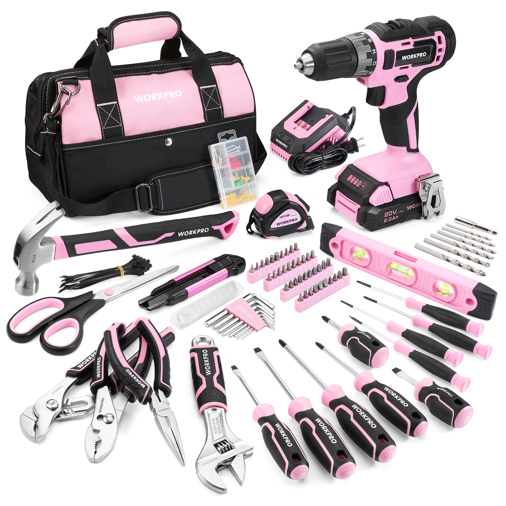 WORKPRO Home Tool Set with 20V Cordless Lithium-Ion Drill Driver, Household Repairing Tool Kit with Drill, 157PCS Power Drill Sets, 14-Inch Wide Mouth Storage Tool Bag, Green