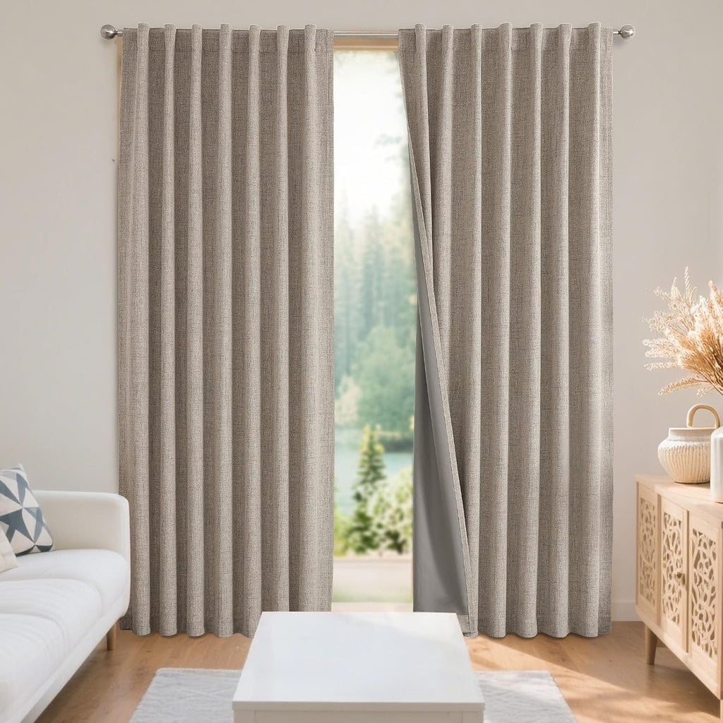 Joydeco Blackout Curtains for Bedroom - Nature Linen 84 Inch Long 100% Light Blocking 2 Panels Set, Rod Pocket & Back Tabs Living Room Drapes, Thermal Insulated Room Darkening Window Curtains