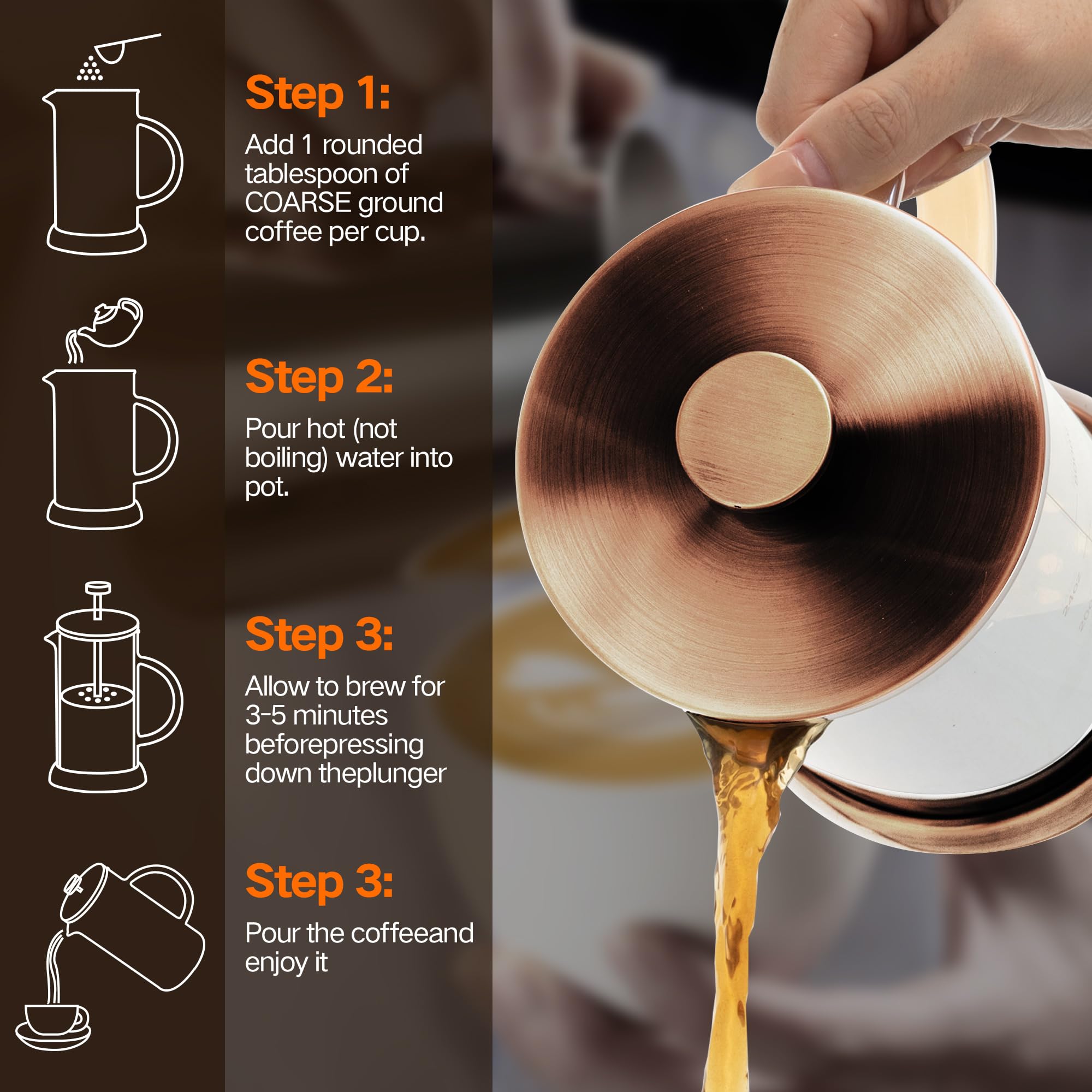 YMMIND French Press Coffee Maker 304 Stainless Steel Coffee Press,with 4 Filters System, Heat Resistant Thickness Borosilicate French Press Glass, BPA-Free Brewed Tea Pot Coffee Plunger(Copper 12oz)