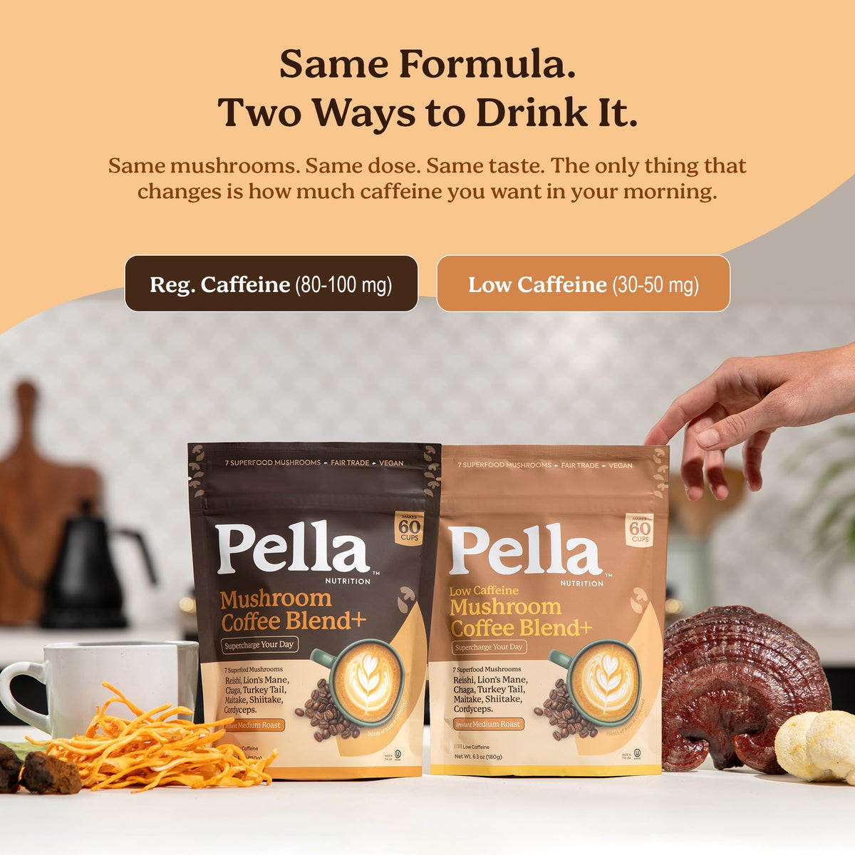 Pella Nutrition Instant Mushroom Coffee Powder - Regular Caffeine, 60 Cups