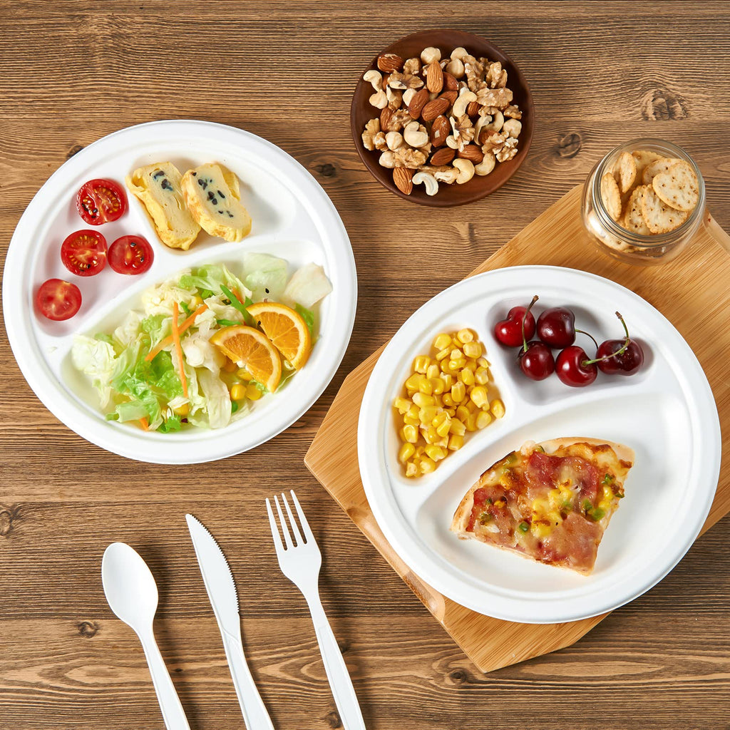 Vplus 200 Pack Paper Plates 7 inch 100% Compostable, Heavy-Duty Disposable Paper Plates Bagasse Natural Biodegradable Eco-Friendly Sugarcane