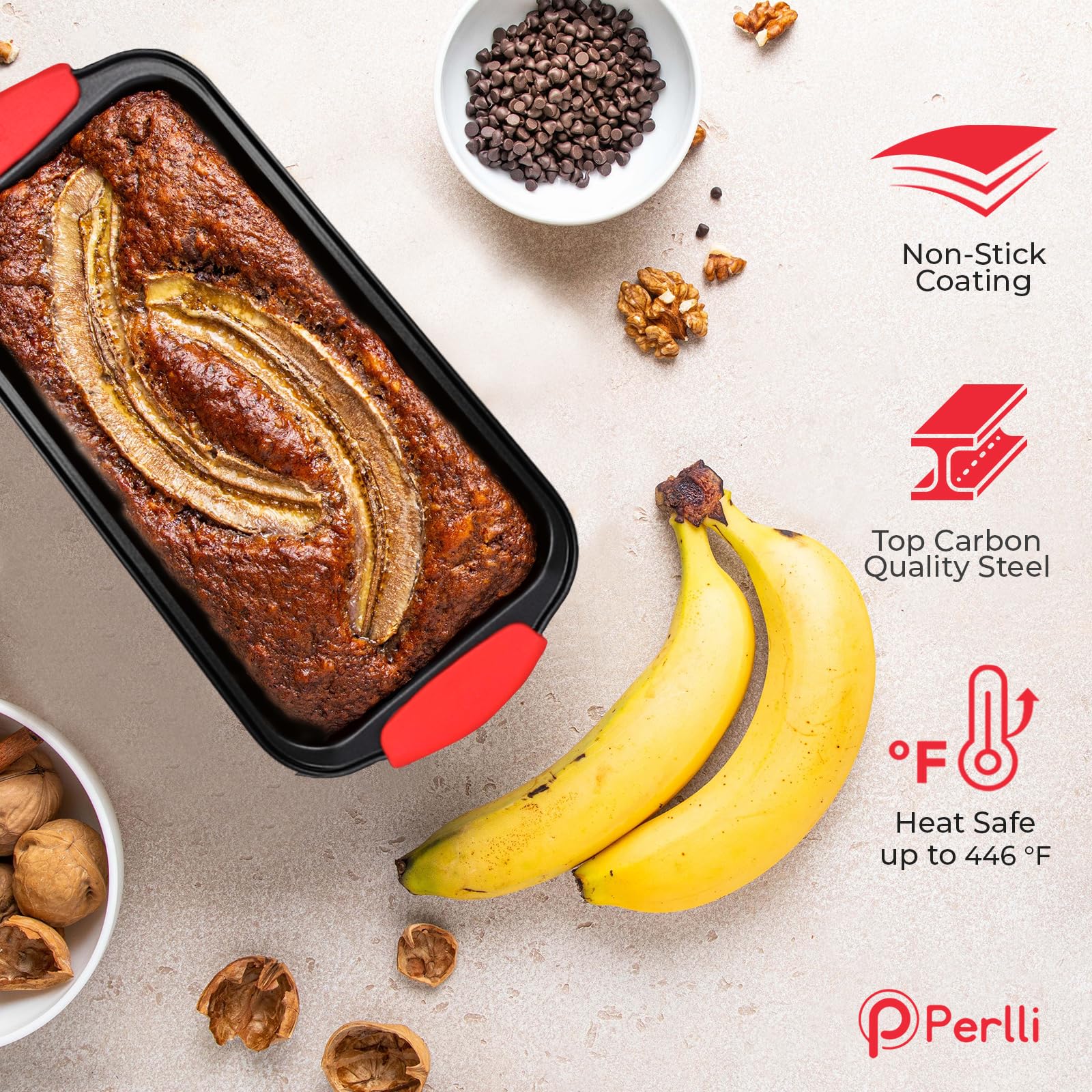 PERLLI Non-Stick 6-Piece Baking Pan Set, BPA-Free Carbon Steel Bakeware Set with Silicone Handles, Stackable Kitchen Oven Set, Cookie Sheet, Baking Tray, Baking Sheet Set, Oven Safe (446°F)