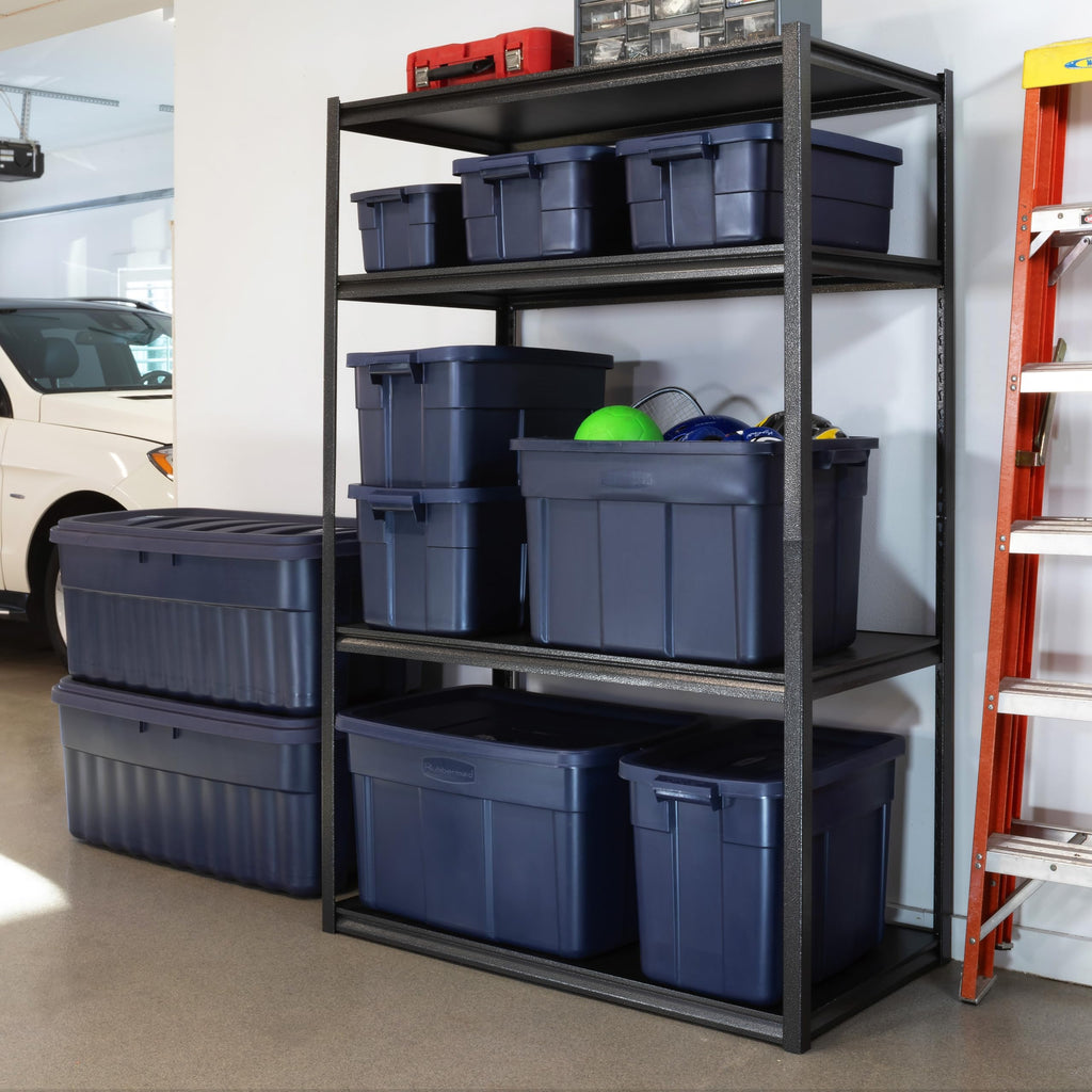 Rubbermaid Roughneck Tote 14 Gal, 6 Pack, Made in USA, Dark Indigo Metallic, Rugged Plastic Stackable Storage Bins with Lids and Handles