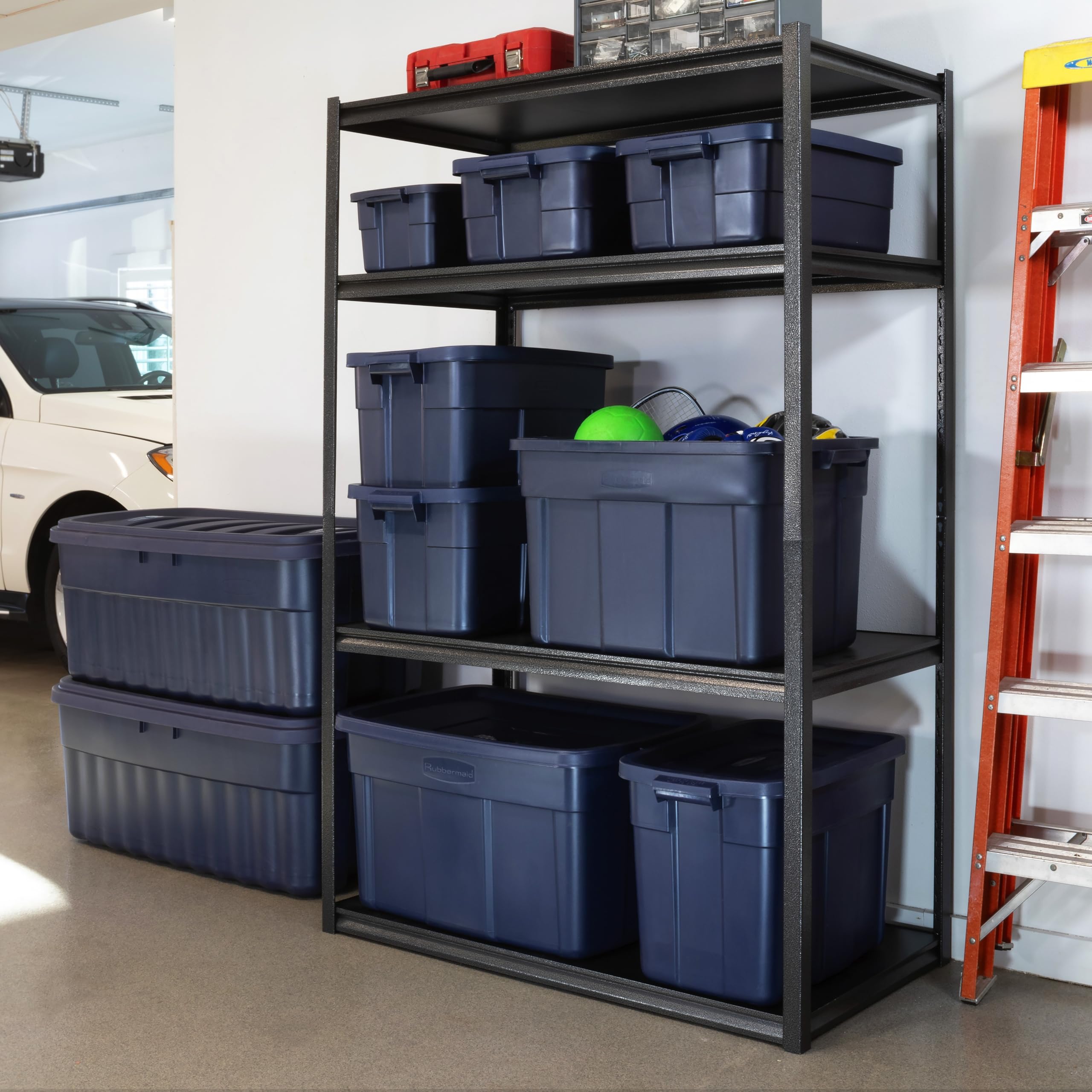 Rubbermaid Roughneck Tote 14 Gal, 6 Pack, Made in USA, Dark Indigo Metallic, Rugged Plastic Stackable Storage Bins with Lids and Handles