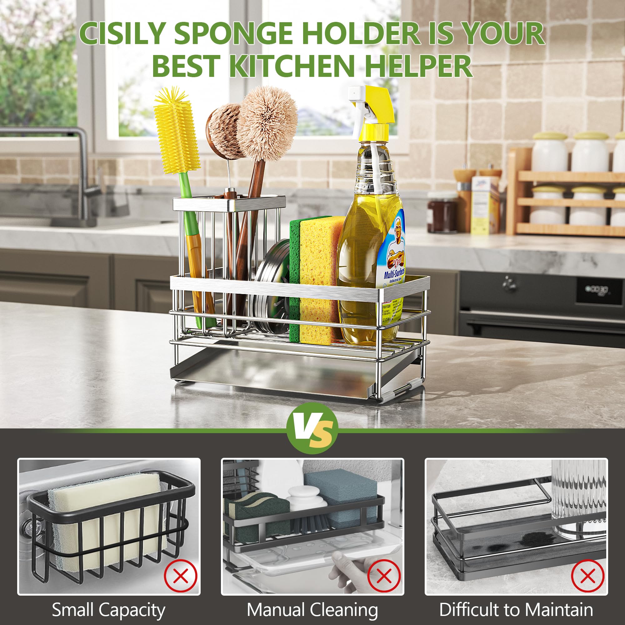 Cisily Sink Caddy Sponge Holder for Kitchen with Brush Holder and Stainless Steel Self Drain Tray, Rustproof Kitchen Sink Organizer for Sponge, Soap Dispenser Storage Accessories (Black)