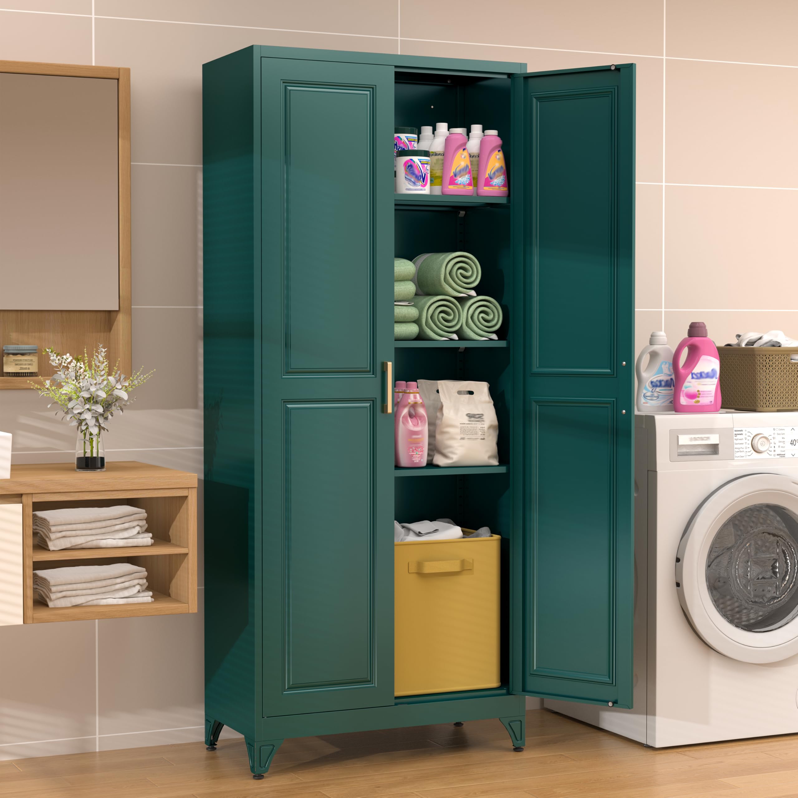 75" Tall Metal Kitchen Storage Cabinet,White Kitchen Pantry Storage Cabinet with Doors and 4 Adjustable Shelves,Utility Cabinet for Living Room,Garage,Dining Room and Office,Assemble Required