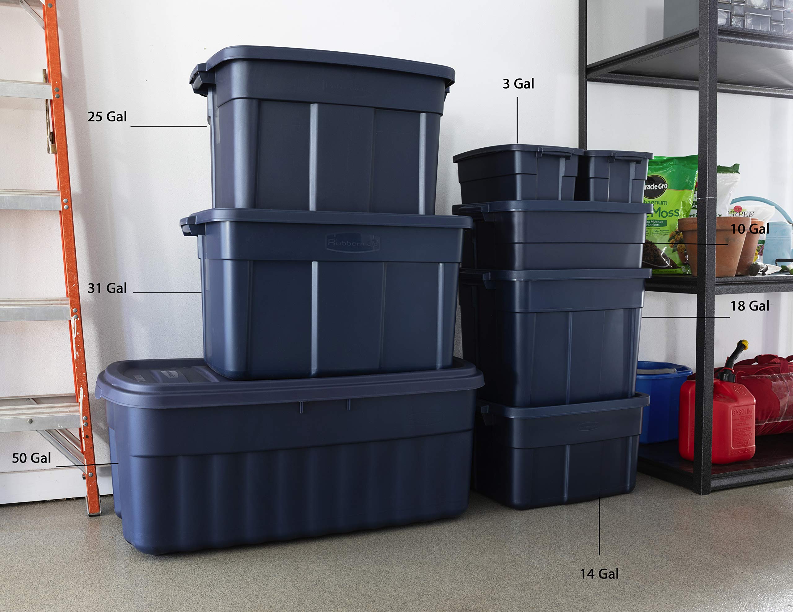 Rubbermaid Roughneck Tote 14 Gal, 6 Pack, Made in USA, Dark Indigo Metallic, Rugged Plastic Stackable Storage Bins with Lids and Handles