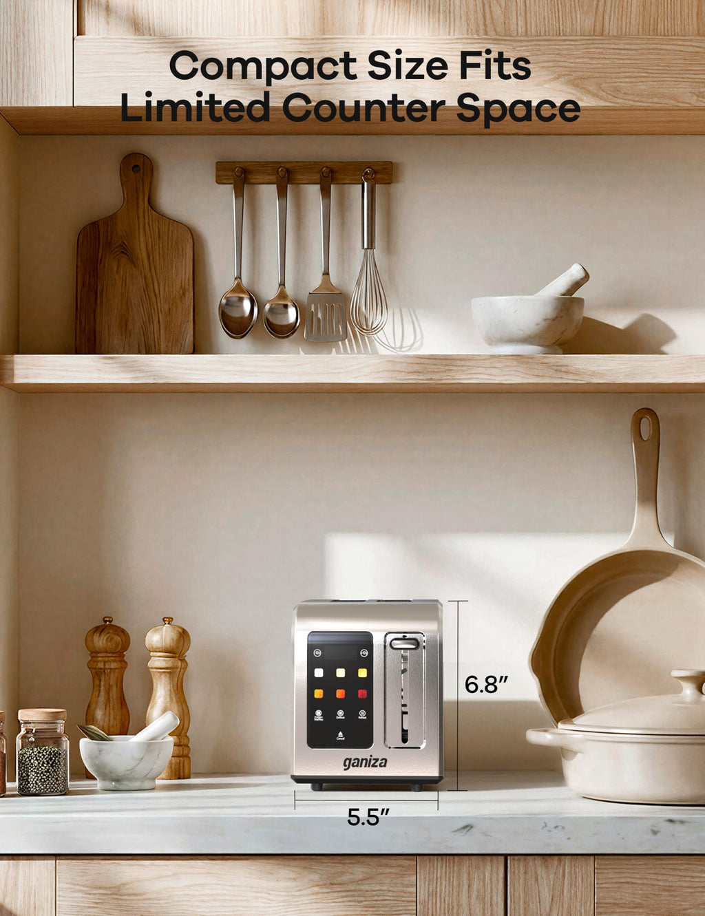 Ganiza Smart Toaster 2 Slice with Touchscreen, Digital Countdown Timer, Touch Screen Toaster Wide Slot, Full Stainless Steel, Defrost Reheat Cancel, +/-10s Fine-Tune, Removable Crumb Tray, Max 925W