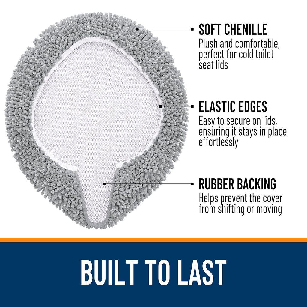 OLANLY Soft Chenille Bathroom Toilet Lid Cover, Machine Washable Seat Covers, 17.5x15, Stays in Place Rubber Backing, Fits Most Round, Elongated and Oblong Lids, Accessories Decor, Gray