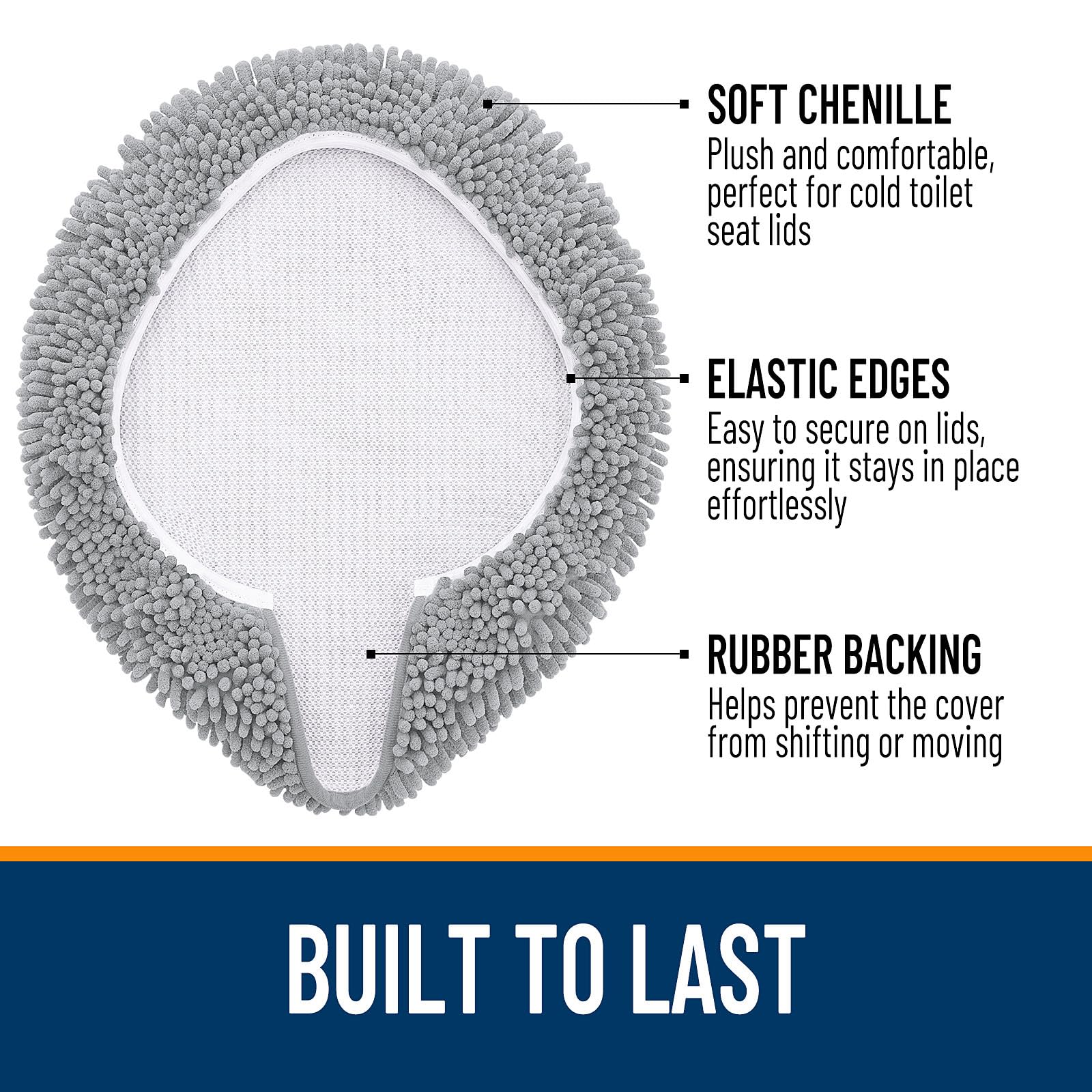 OLANLY Soft Chenille Bathroom Toilet Lid Cover, Machine Washable Seat Covers, 17.5x15, Stays in Place Rubber Backing, Fits Most Round, Elongated and Oblong Lids, Accessories Decor, Gray