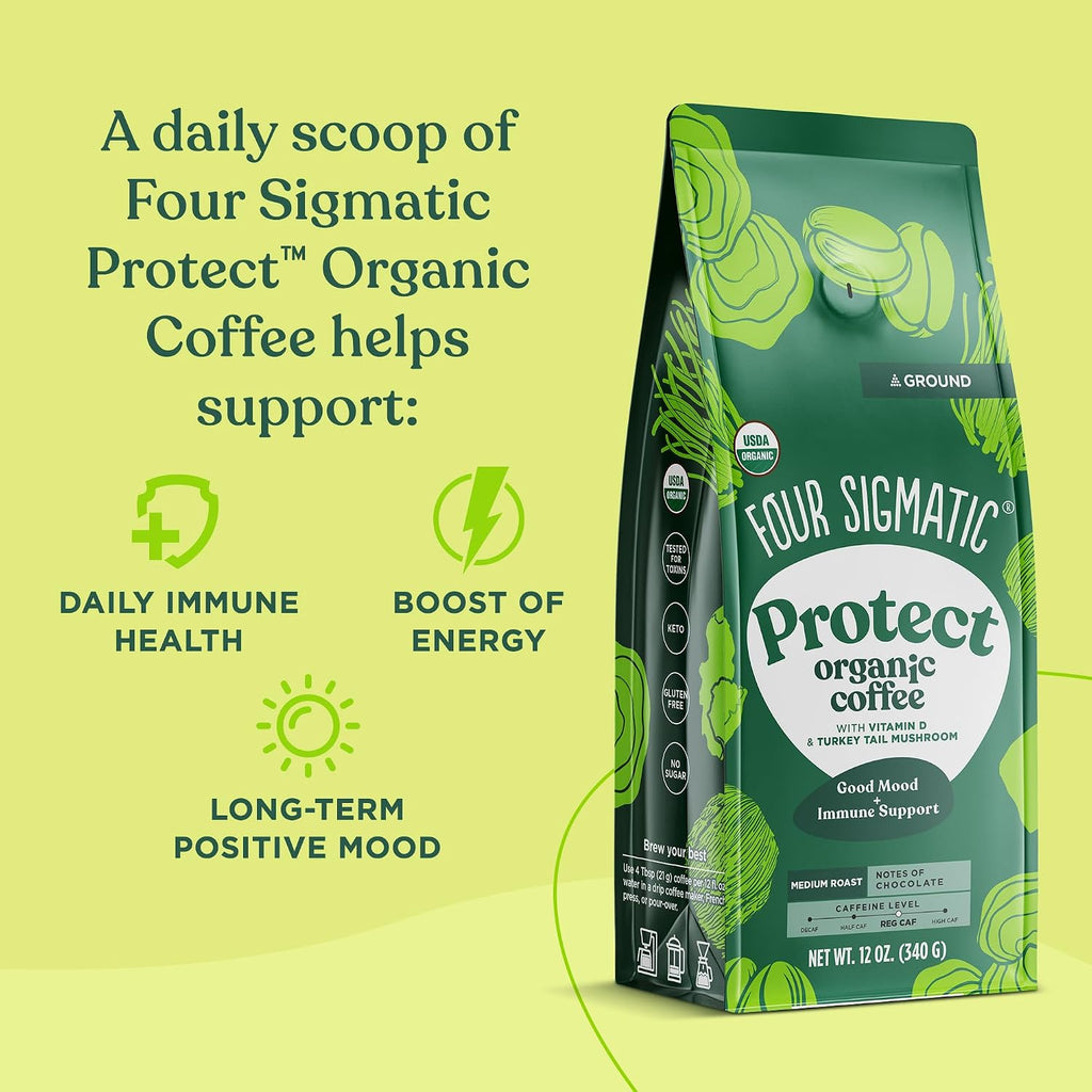 Four Sigmatic Gut Health Organic Ground Coffee | Medium Roast, Immune Boosting Probiotic Mushroom Coffee with Chaga & Turkey Tail for Gut Health & Immune Support | 12oz Bag