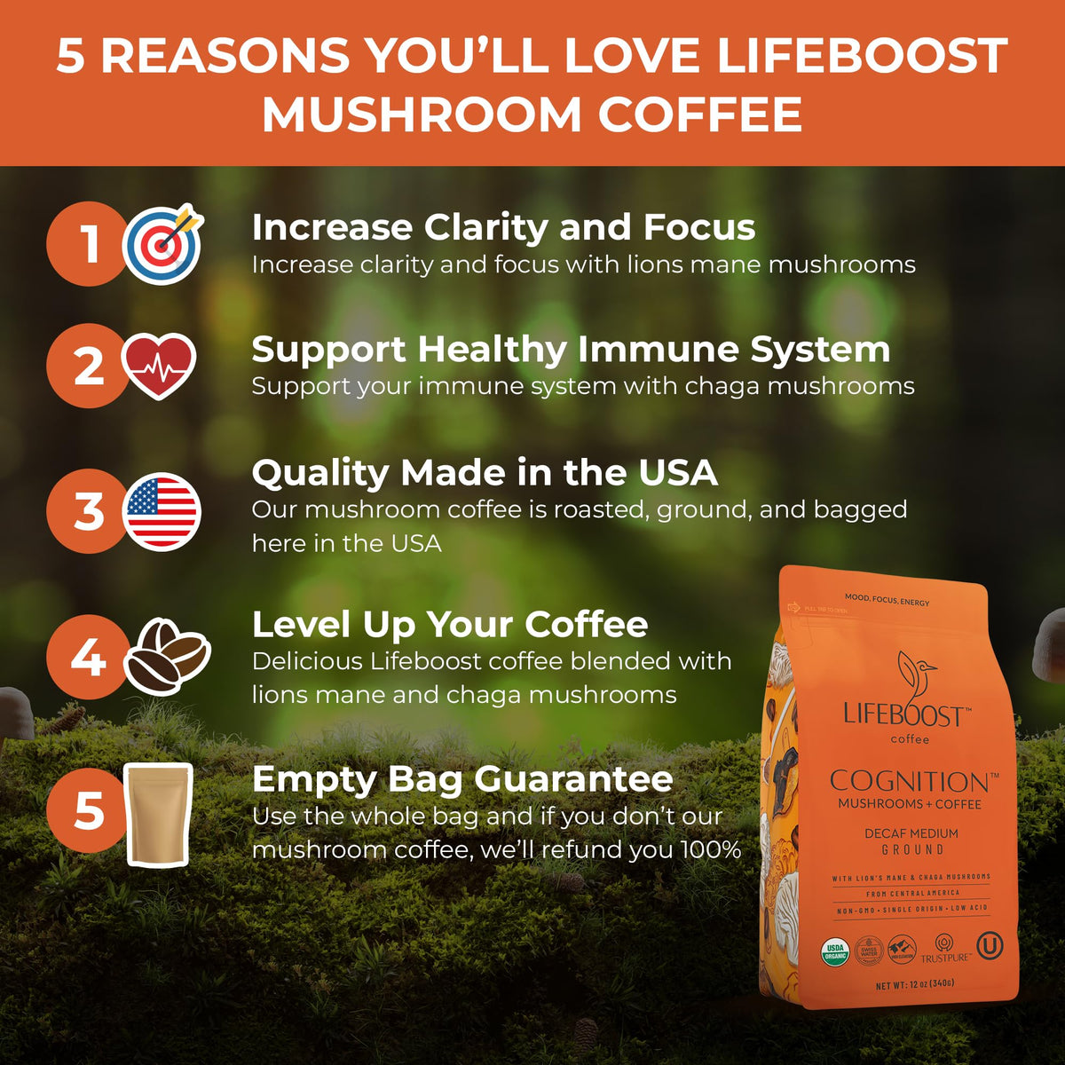 Lifeboost Cognition Mushroom Ground Coffee, Organic Low Acid, 12oz