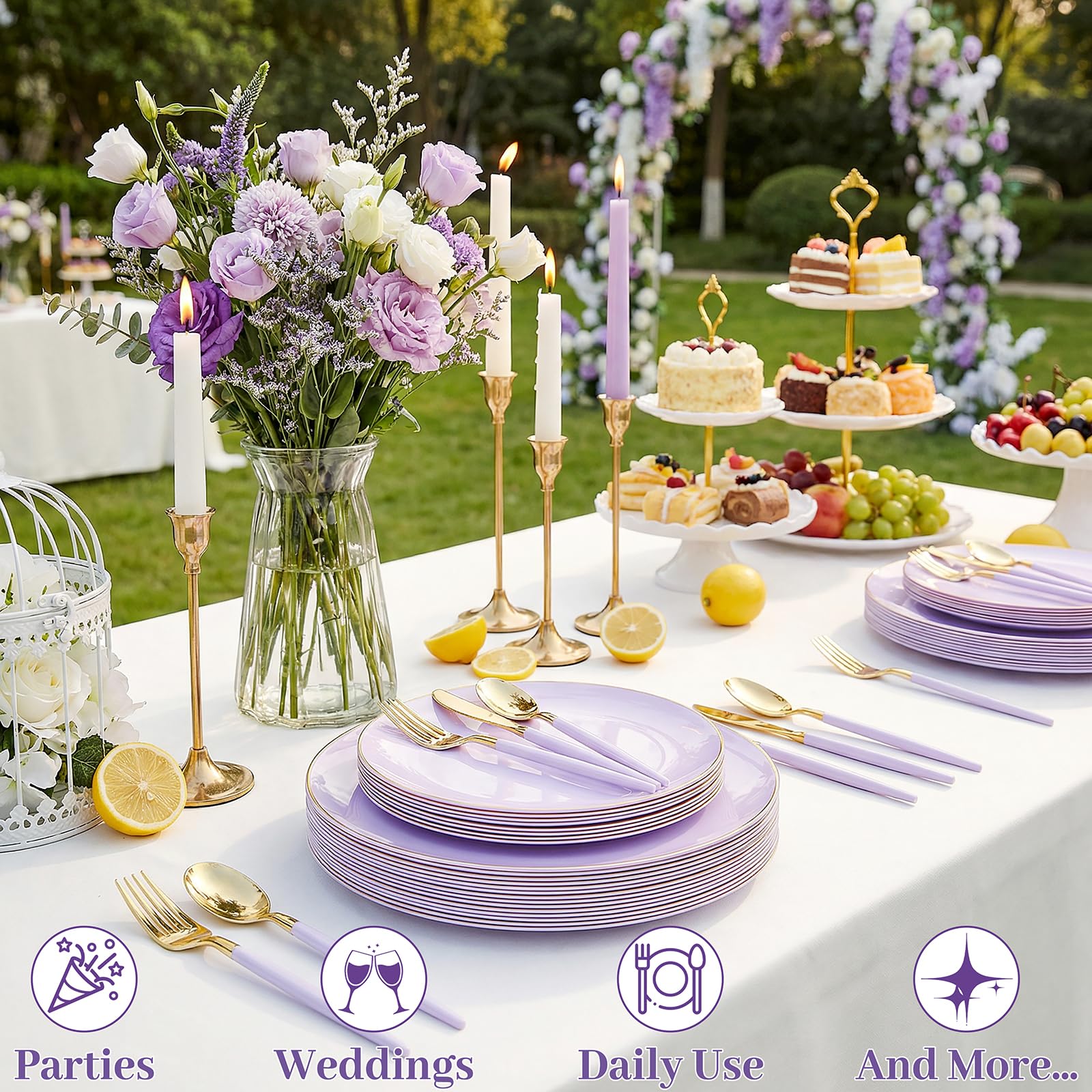 DaYammi 150Pcs Gold Plastic Plates with Disposable Silverware,White Gold Disposable Dinnerware Set - 30 Dinner Plate,30 Dessert Plate,90 Gold Cutlery with White Handles,Fancy Plates for Party Wedding