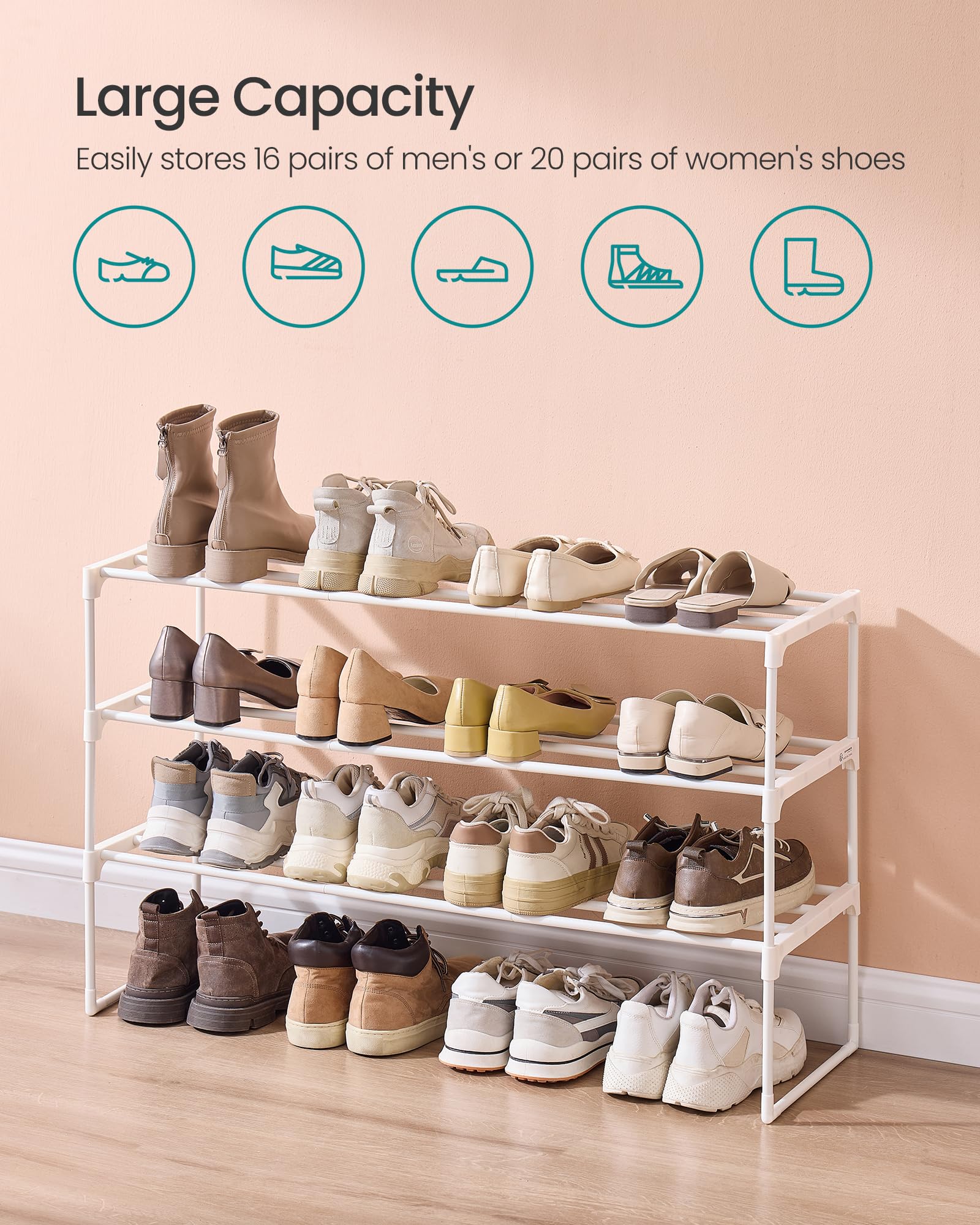 SONGMICS Shoe Rack, 3-Tier Shoe Organizer, Metal Storage Shelf, Upright or Upside Down, for 16-20 Pairs, Stackable, for Entryway, 11.8 x 36.2 x 21.7 Inches, Black ULSA303B02