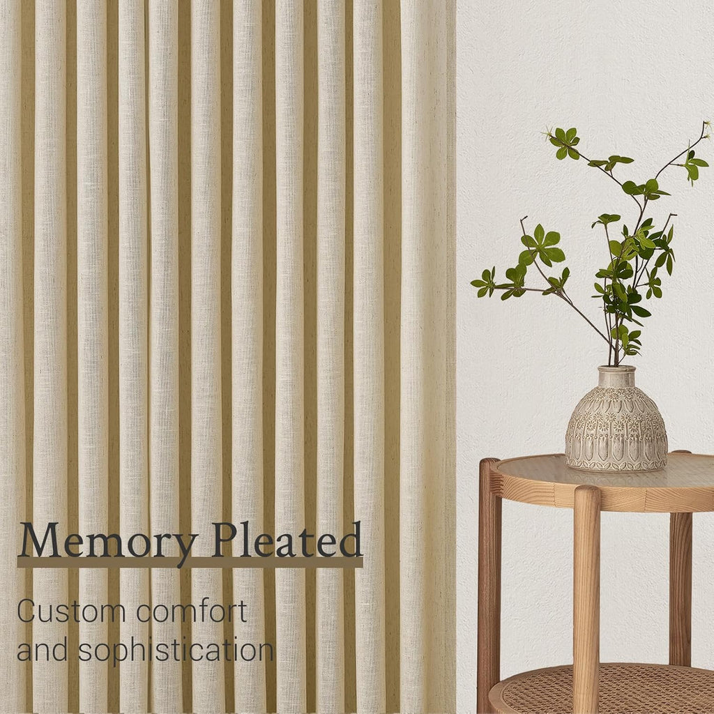 Topfinel Natural Linen Pinch Pleated Curtains 100 Inch Length 2 Panels for Bedroom,Textured Linen Farmhouse Boho Semi Sheer Window Curtain Back Tab Pinch Pleat Drapes with Hooks 100 Inches Long