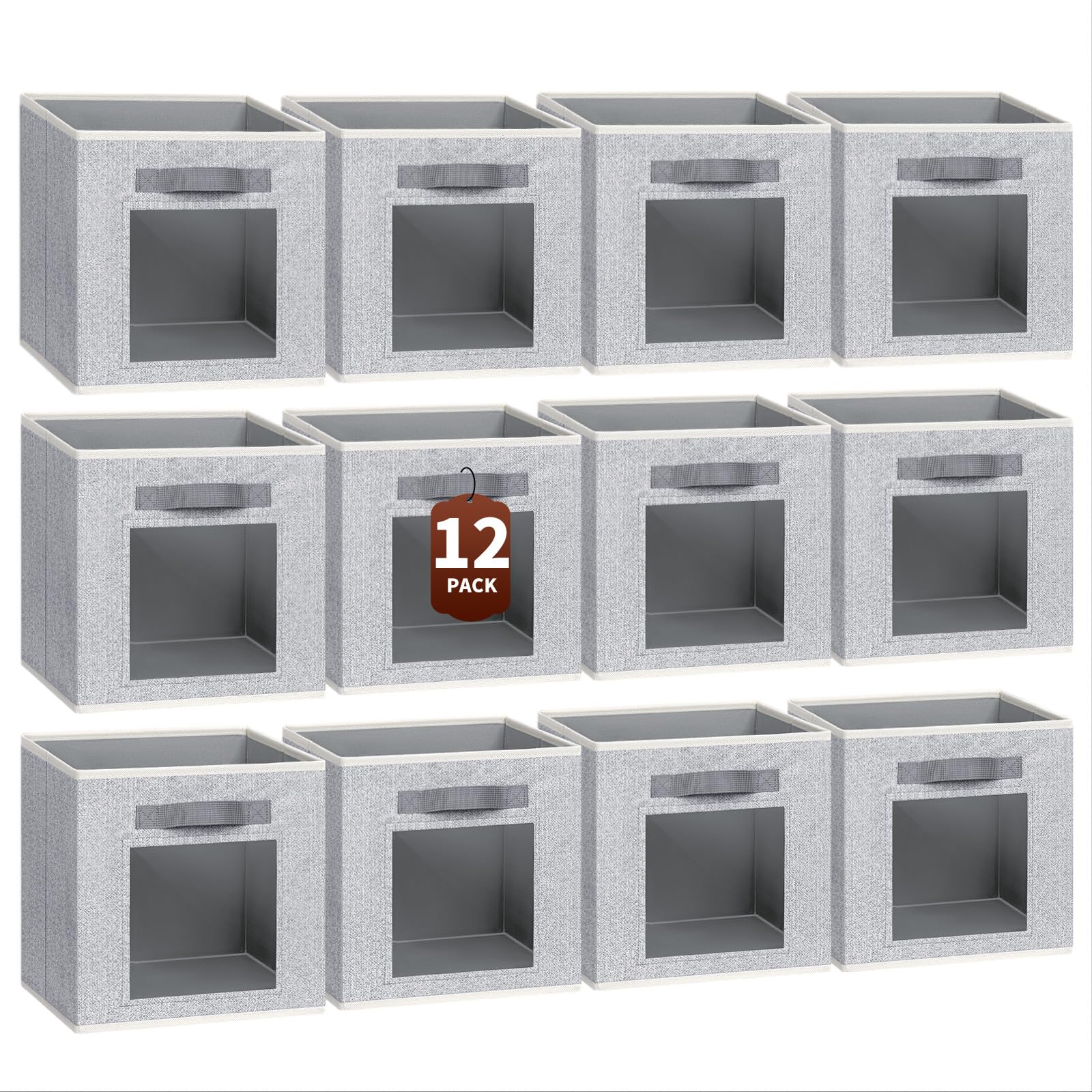 Homsorout Storage Cube 11 Inch - Cube Storage Bins with Window, Closet Storage Baskets with Handle, Fabric Bins for Closet, Shelves, Toys, Clothes, Set of 6, Grey
