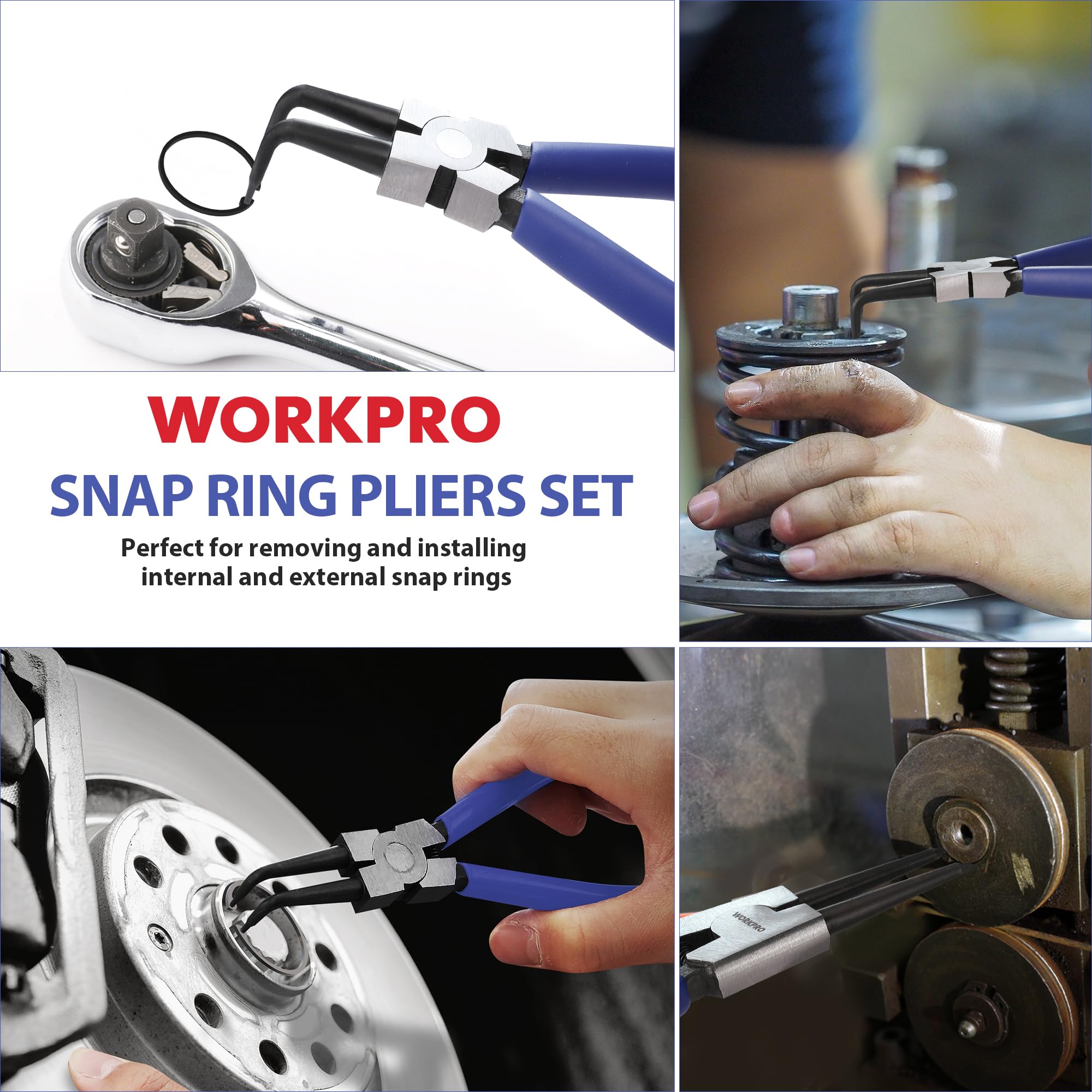 WORKPRO 4-Piece Snap Ring Pliers Set - Heavy Duty 7-inch Internal/External Circlip Pliers Kit (Tip Diameter 5/64'')-Straight/Bent Jaw - Cr-V Steel - For Ring Remover Retaining- Storage Pouch Included
