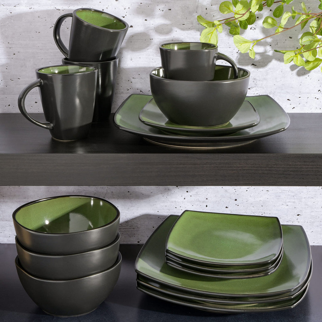 Gibson Elite Soho Lounge Square 16-Piece Dinnerware Set, Service for 4, Reactive Glaze Stoneware Plates and Bowls, Modern Dishes, Microwave & Dishwasher Safe – Red and Black