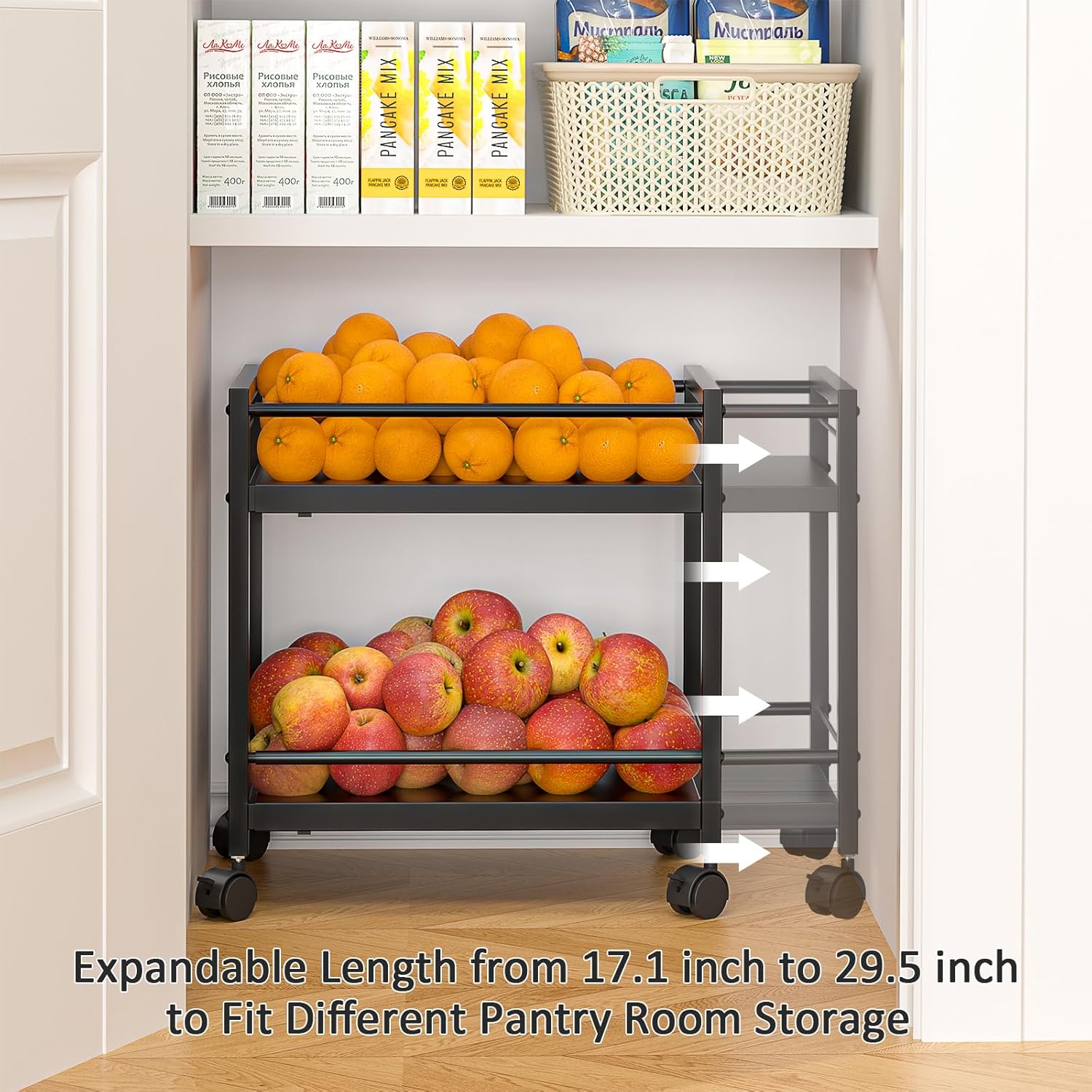 2-Tier 1 Pack Expandable Pantry Floor Organizer Cart, Rolling Pantry Storage Cart with Wheel, Adjustable Can Organizer for Kitchen Pantry, Pantry Shelves and Storage Rack for Snacks, Vegetables, Black