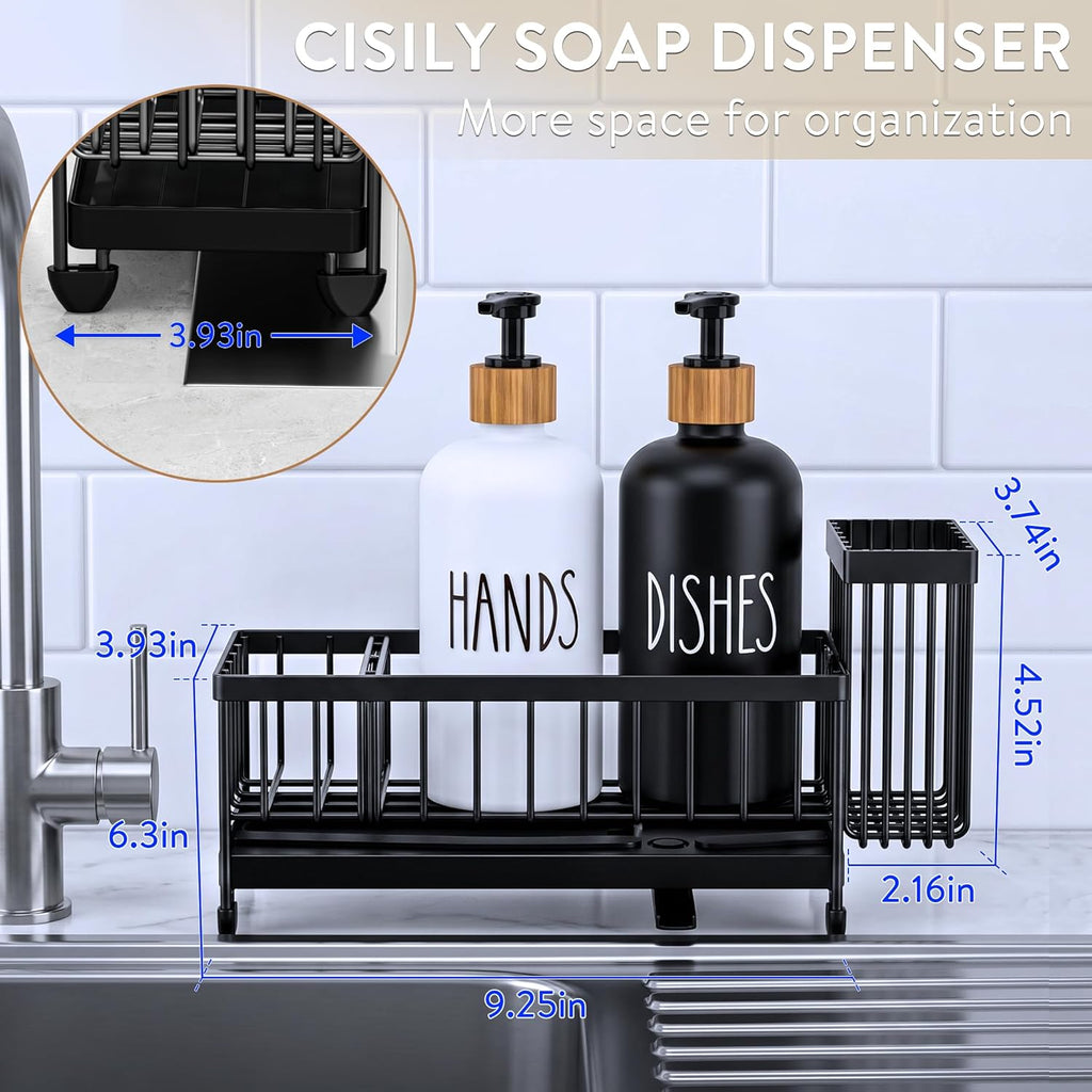 Cisily Kitchen Soap Dispenser Set with Sink Caddy, 17 Oz Glass Bottle, Hand and Dish Soap Dispenser Set with Sponge Holder, Black Stainless Steel Rustic Kitchen Countertop Sink Organizer Accessories