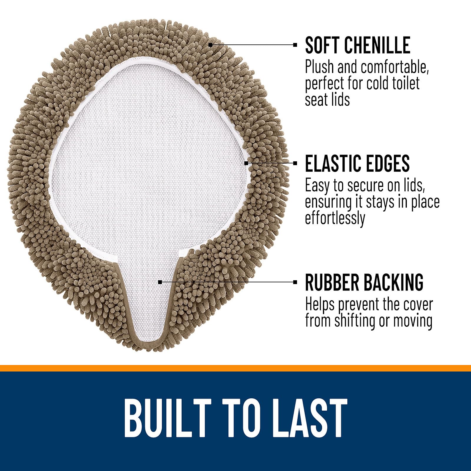 OLANLY Soft Chenille Bathroom Toilet Lid Cover, Machine Washable Seat Covers, 17.5x15, Stays in Place Rubber Backing, Fits Most Round, Elongated and Oblong Lids, Accessories Decor, Gray