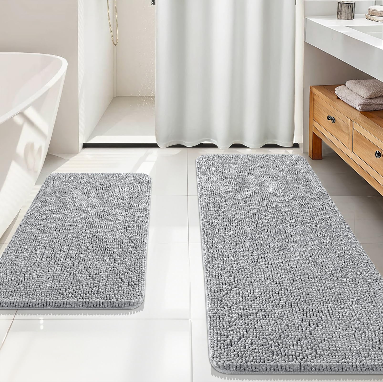 OLANLY Bathroom Rugs Sets 2 Piece, Soft Absorbent Chenille Bath Mats and U-Shaped Contour Toilet Mat Area Rug Set, Machine Washable Bath Carpet, Home Decor Accessories(30"x20"+24"x20", Grey)