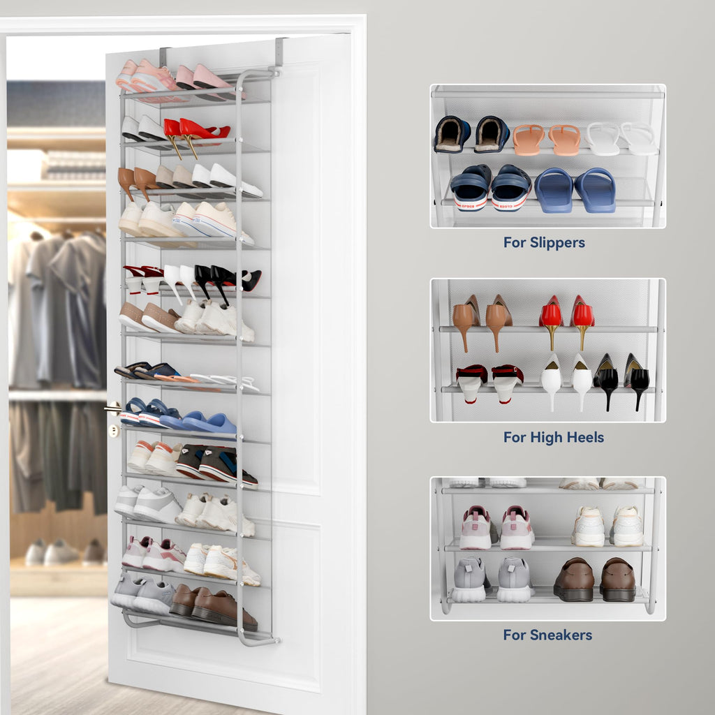 Whitmor 36 Pair Over the Door Shoe Organizer, 12 Tier Hanging Shoe Organizer, Heavy Duty Metal & Mesh Shoe Holder, Hanging Shoe Rack for Closet Organizer & Storage, 74"L x 21.7"W x 7.5"H, White