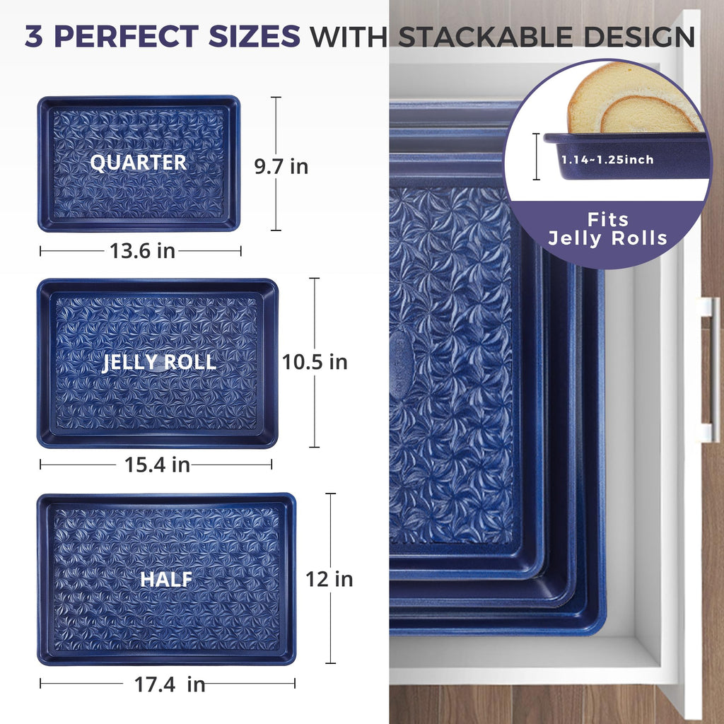 HONGBAKE Nonstick Baking Sheet Pan Set of 3, Cookie Sheets for Oven, Non-Toxic Half/Quarter/Jelly Roll Pans with Floral Swirl Texture, Heavy Duty 0.8mm Thick Oven Trays for Cooking, Dark Gray