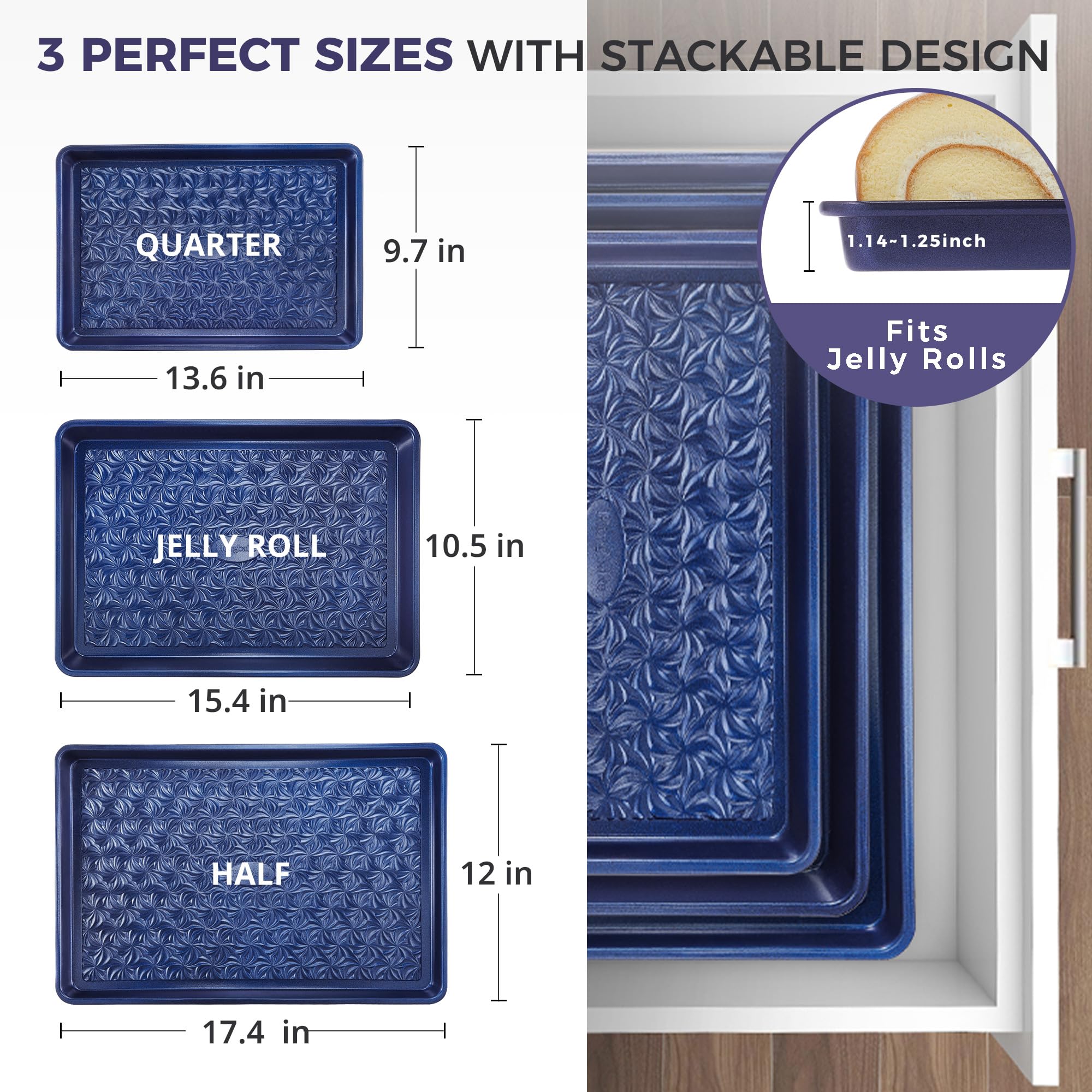 HONGBAKE Nonstick Baking Sheet Pan Set of 3, Cookie Sheets for Oven, Non-Toxic Half/Quarter/Jelly Roll Pans with Floral Swirl Texture, Heavy Duty 0.8mm Thick Oven Trays for Cooking, Dark Gray