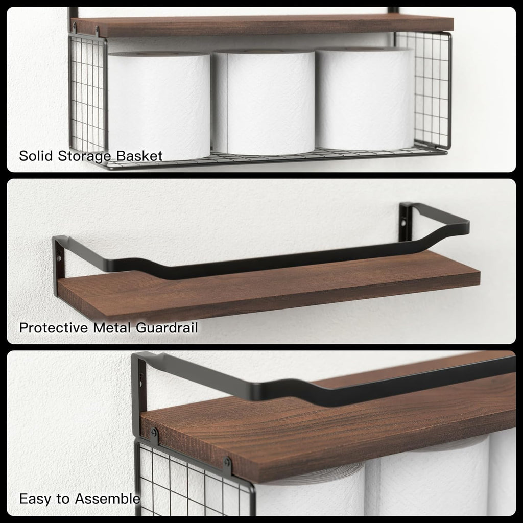 WOPITUES Floating Shelves with Wire Storage Basket, Bathroom Shelves Over Toilet with Protective Metal Guardrail, Wood Wall Shelves for Bathroom, Bedroom, Living Room, Toilet Paper- Dark Brown