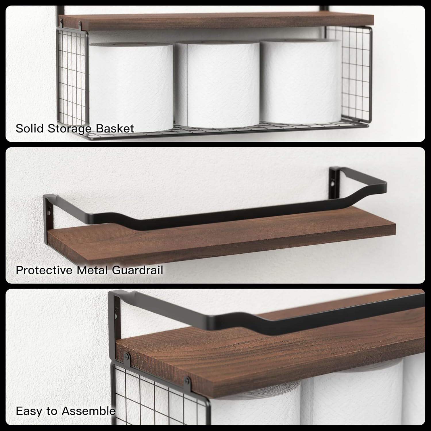 WOPITUES Floating Shelves with Wire Storage Basket, Bathroom Shelves Over Toilet with Protective Metal Guardrail, Wood Wall Shelves for Bathroom, Bedroom, Living Room, Toilet Paper- Dark Brown