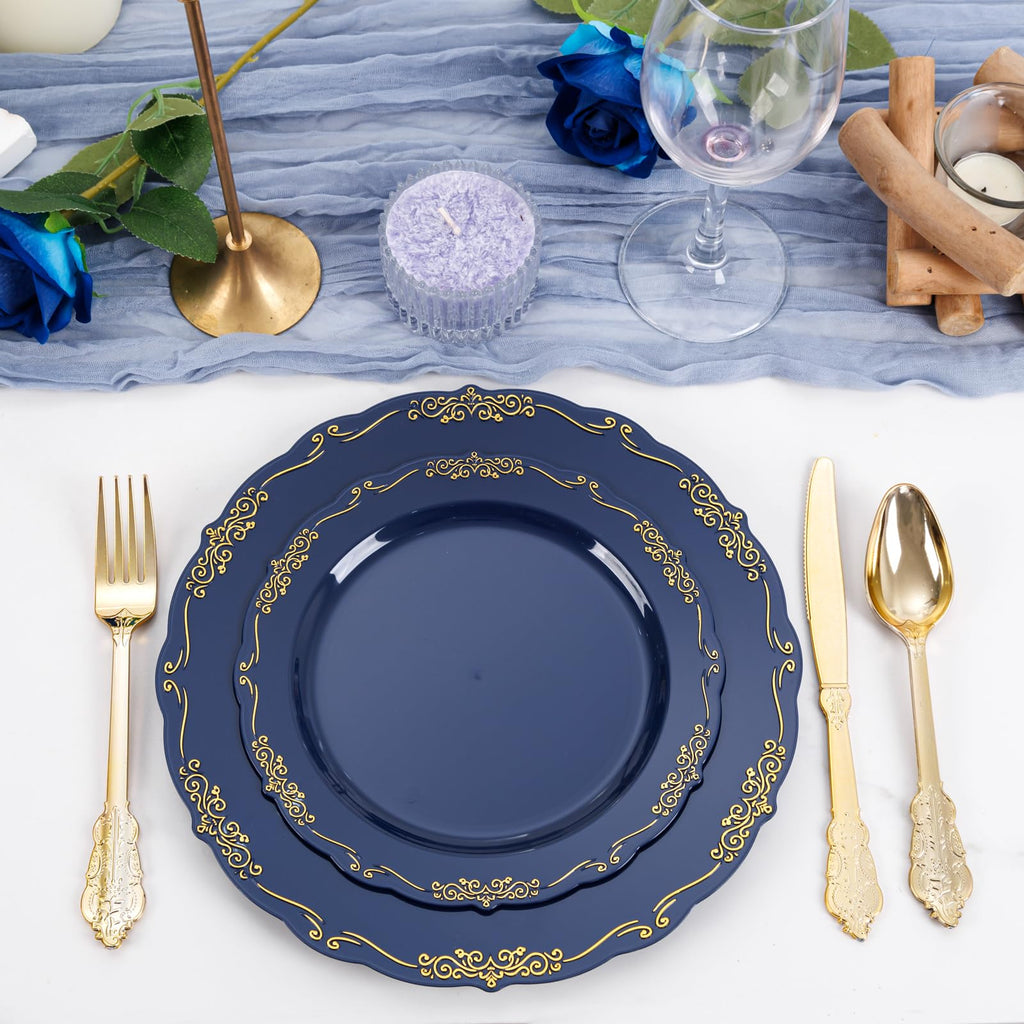 DaYammi 150Pcs Ivory Plastic Plates with Gold Rim,Disposable Plastic Plates Include 30 Dinner Plate,30 Salad Plate,30 Forks,30 Spoons,30 Knives,Ivory and Gold Plates for Party,Wedding,Mother's Day