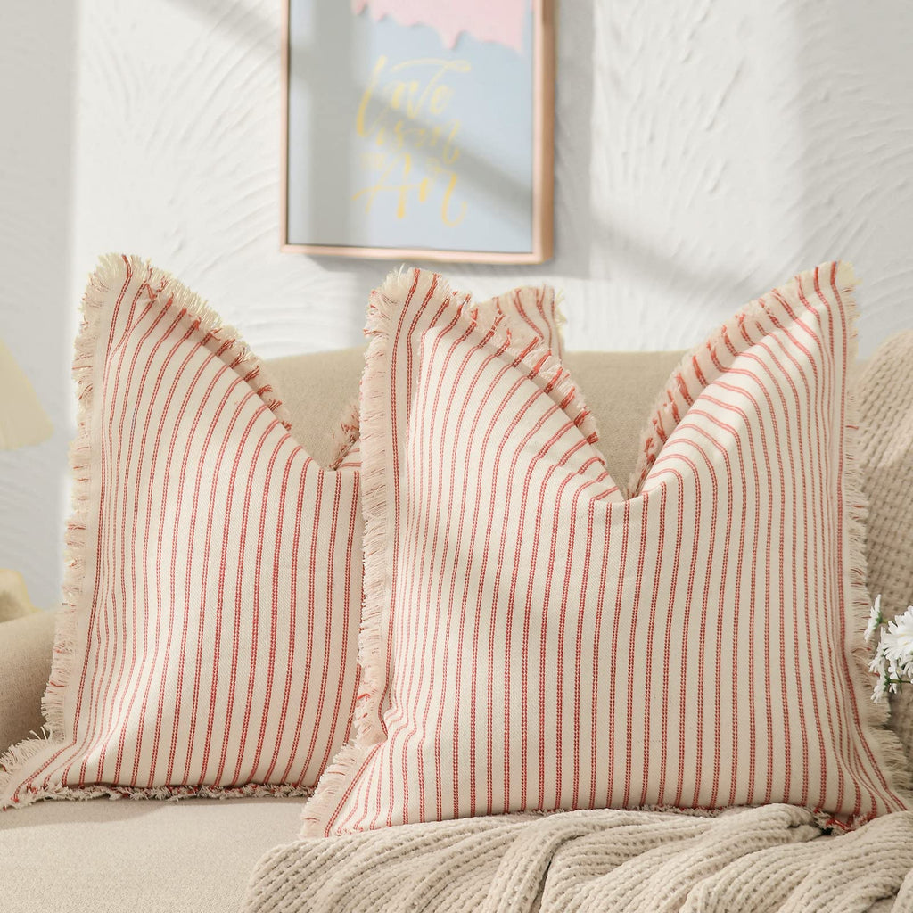 ZWJD Throw Pillow Covers 20x20 Set of 2 Striped Pillow Covers with Fringe Chic Cotton Decorative Pillows Square Cushion Covers for Sofa Couch Bed Living Room Farmhouse Decor, (Gray)