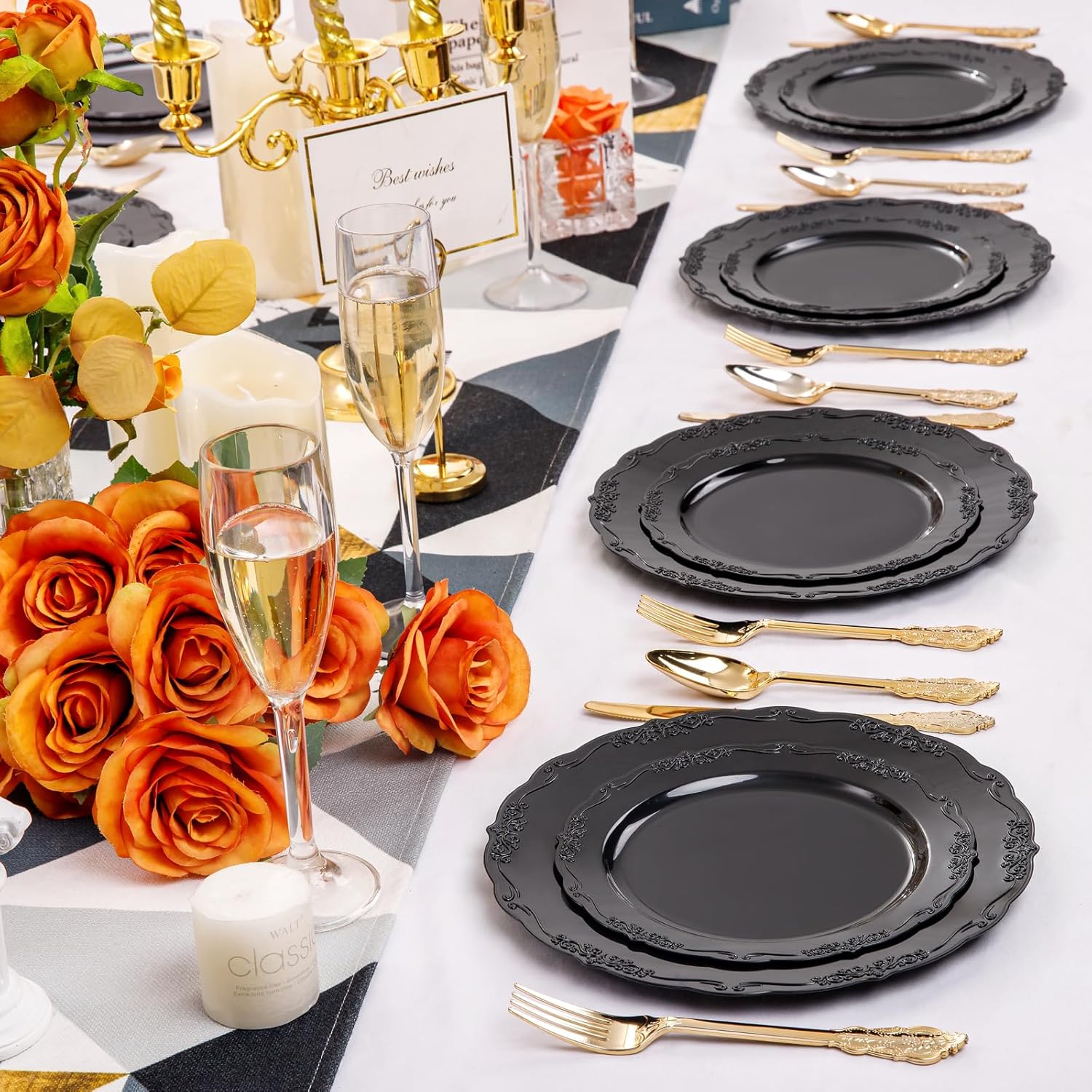 DaYammi 150Pcs Black Gold Plastic Plates & Silverware and 100 Pack Black Plastic Cups 10Oz Clear Disposable Cups with Black Rim for Party,Wedding and special days