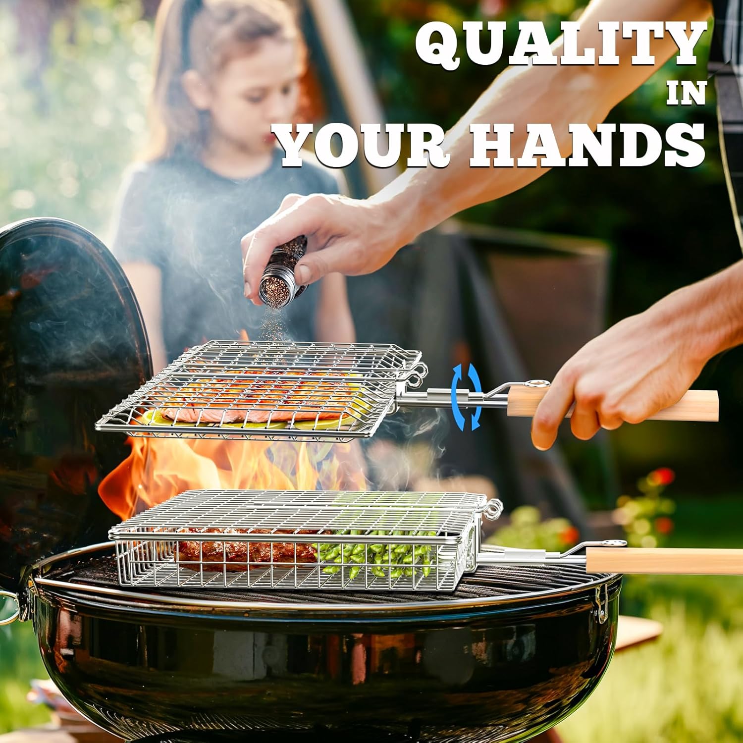 ivtivfu Fish Grill Basket Set, Removable Wooden Handle, 304 Stainless Steel, Nesting BBQ Tools, Smoker Grilling Accessories for Vegetable, Outdoor Cooking Camping, Birthday Gifts for Men Dad Husband