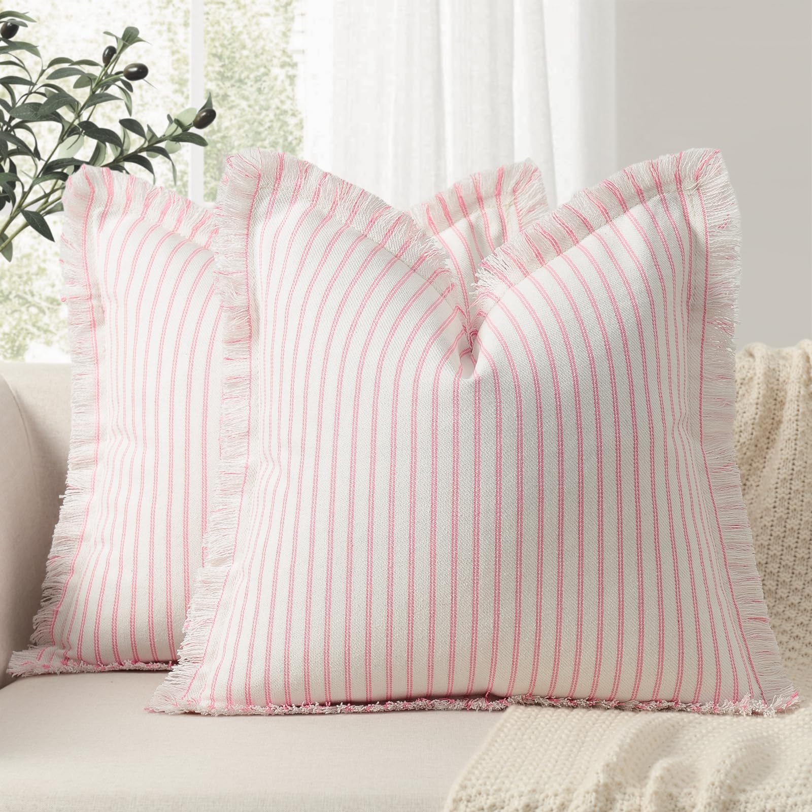 ZWJD Throw Pillow Covers 20x20 Set of 2 Striped Pillow Covers with Fringe Chic Cotton Decorative Pillows Square Cushion Covers for Sofa Couch Bed Living Room Farmhouse Decor, (Gray)