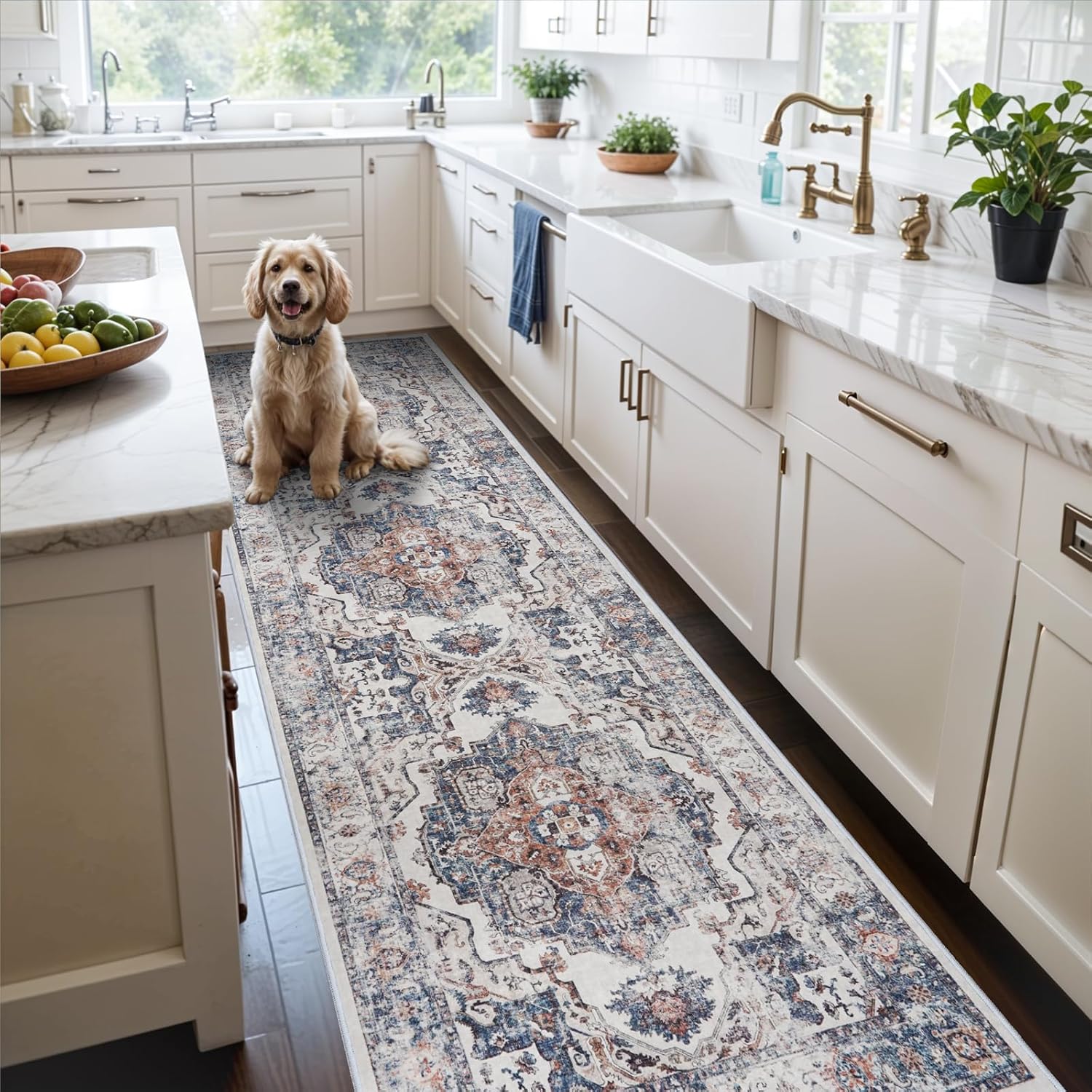 Washable 2x3 Entryway Area Rug - Neutral Kitchen Rug Runner Vintage Soft Floor Mat Non Slip Indoor Farmhouse Carpet for Bathroom Living Room Bedroom (2 X 3, Beige)