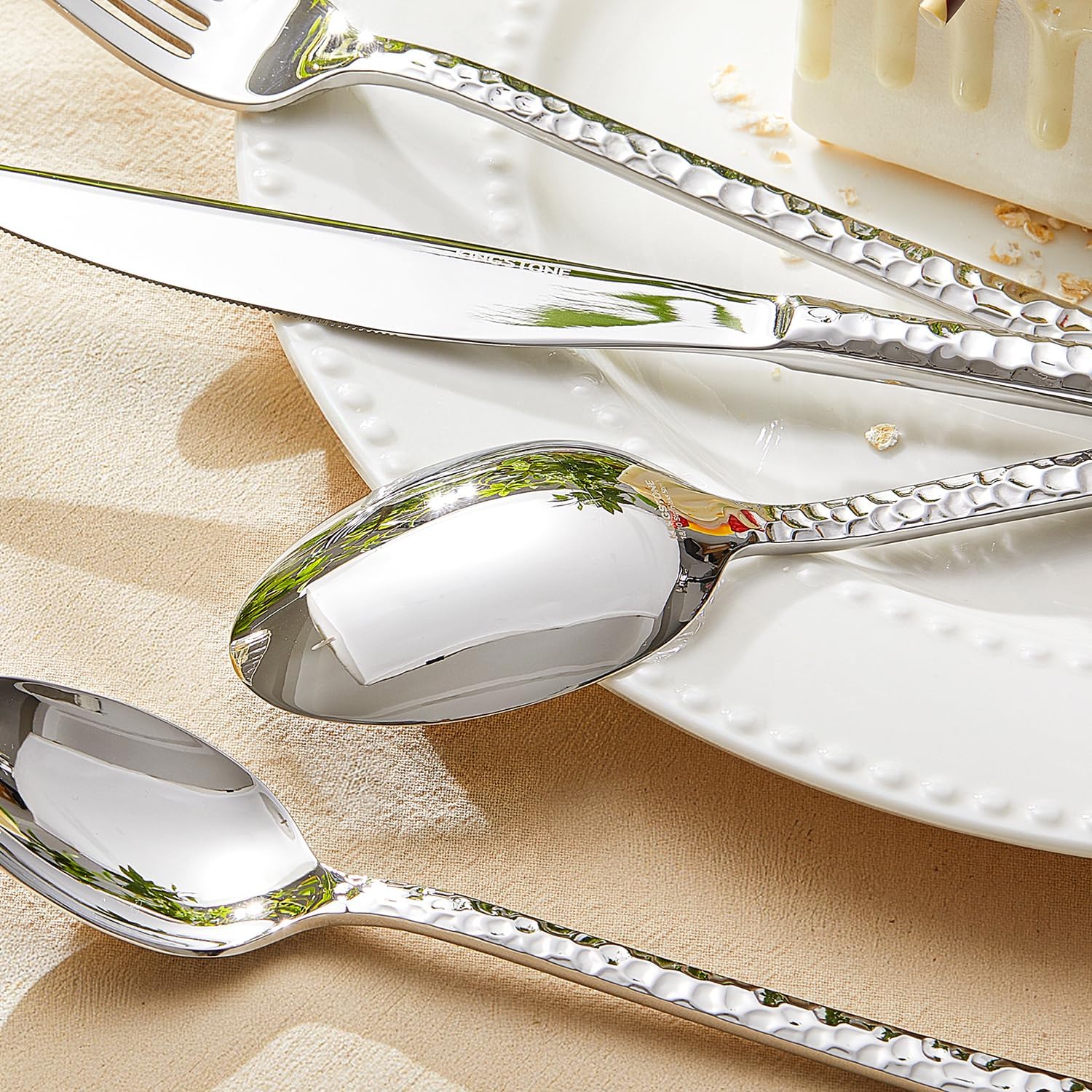 KINGSTONE 60 Piece Hammered Silverware Set and 8 Piece Serving Utensils Set