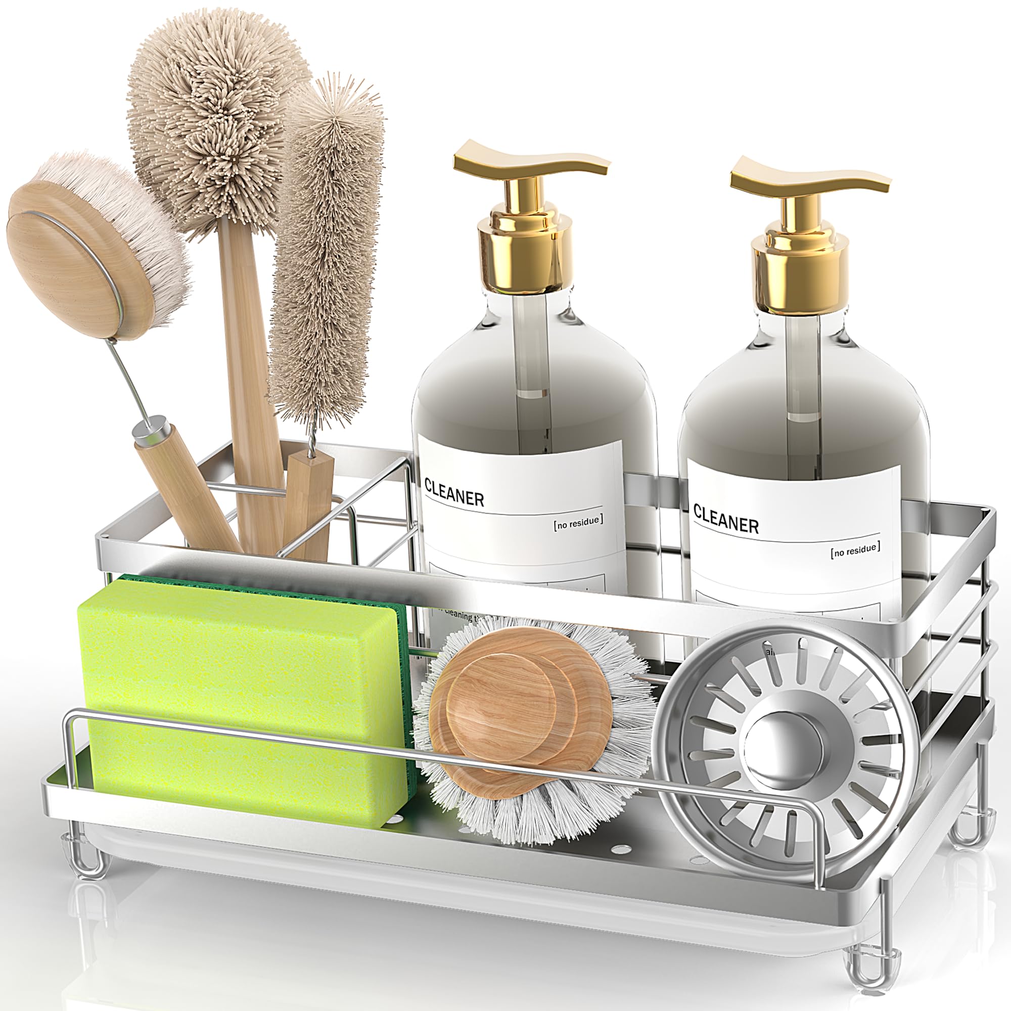 Cisily Black Sponge Holder for Kitchen, Sink Caddy Sink Organizer Rack for Kitchen Accessories with Drip Tray, Rustproof and Non-slip, Soap Dispenser Countertop Organizer Essentials for New Home